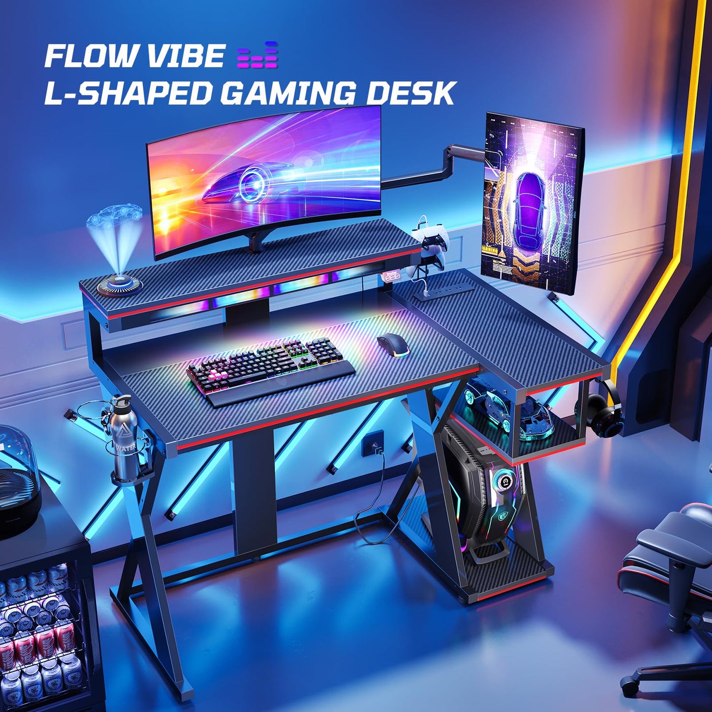 Bestier Computer Desk with Music Sync Light, Flow Vibe Corner Desk with Monitor Stand and PS5 Storage Shelves, Cup Holders, and Headset Hooks for Bedroom Small Space (Black Red, 42 Inch)