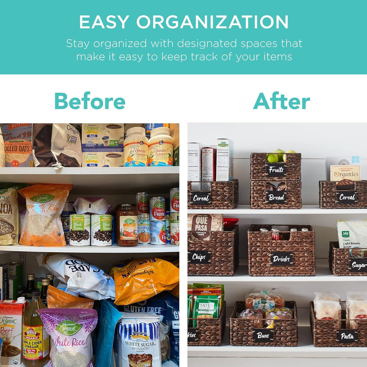 Best Choice Products Set of 4 9x12in Water Hyacinth Pantry Baskets, Woven Organizers w/Chalkboard Label, Chalk Marker - Brown