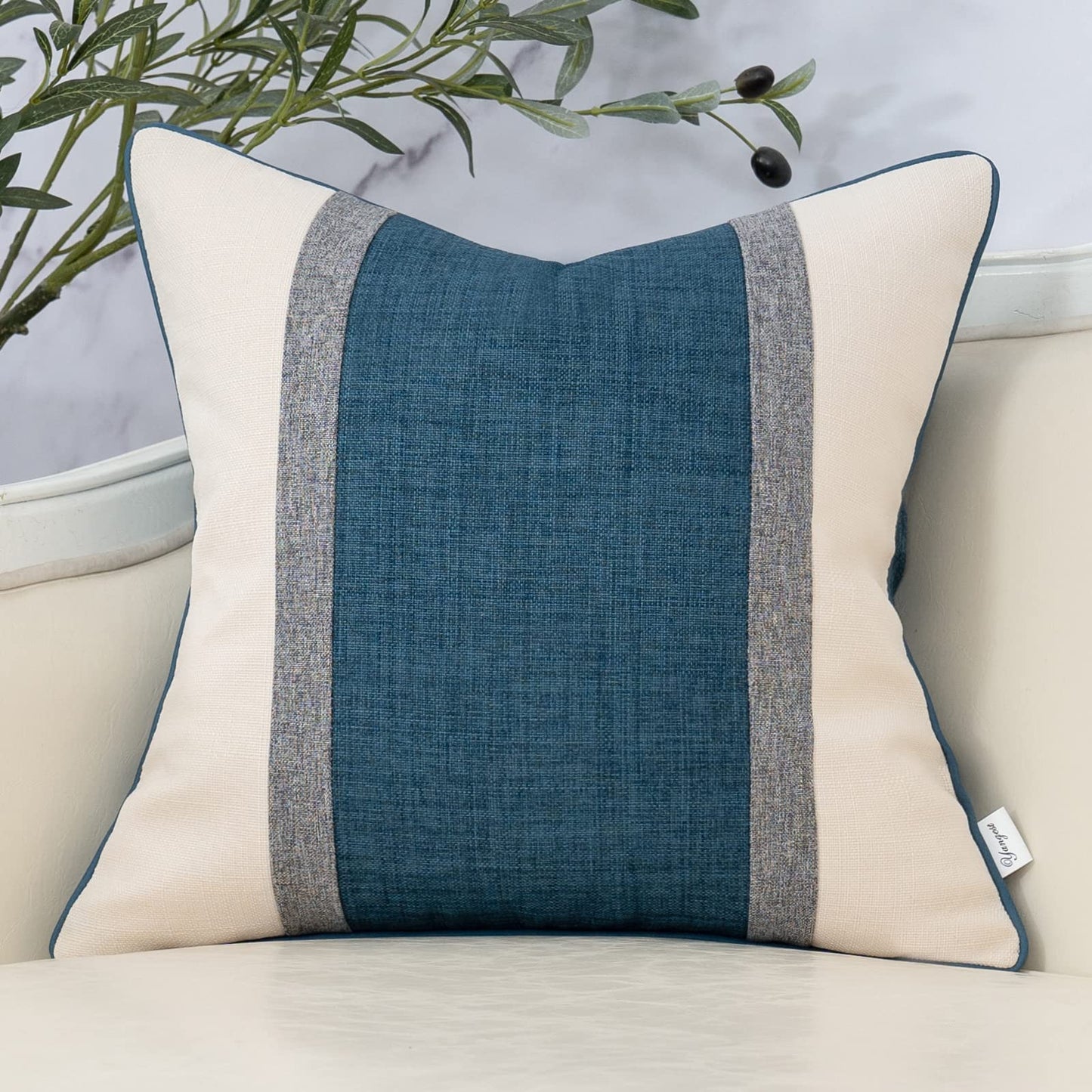 Yangest Patchwork Pillow Cover 18x18 Inch Luxury Cotton and Linen Cushion Cover Square Pillowcover for Couch Bedroom Living Room, Blue