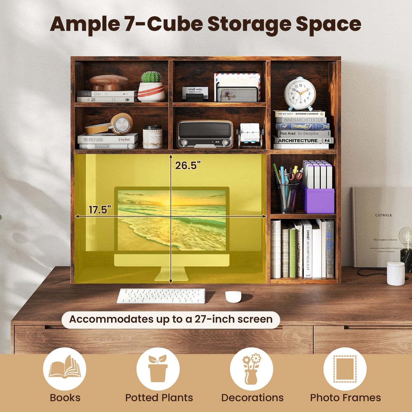 Giantex Desktop Bookshelf, Desk Hutch Dorm w/ 7 Cubes & 3 Adjustable Shelves, Desk Shelf for Up to 27" Computer Monitors, Wooden Desktop Storage Organizer for Dorm College Office Home, Rustic Brown
