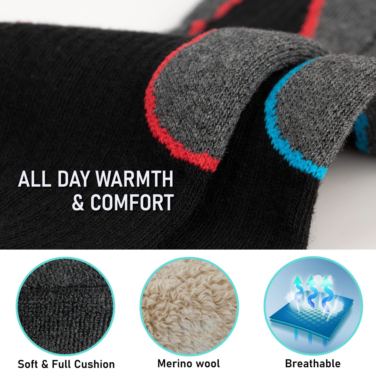Merino Wool Ski Socks 2 Pairs, Thermal Knee High Warm Socks for Snowboarding, Hiking, Cold Weather, Snow, Hunting