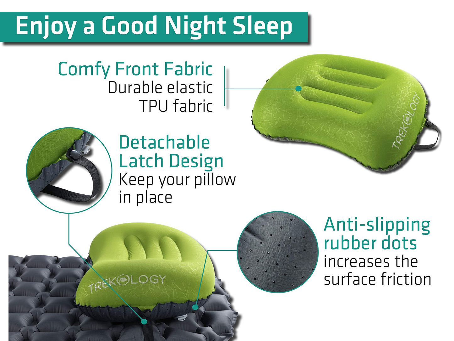 TREKOLOGY Ultralight Inflatable Camping Travel Pillow - ALUFT 2.0 Compressible, Compact, Comfortable, Ergonomic Inflating Pillows for Neck & Lumbar Support While Camp, Hiking, Backpacking