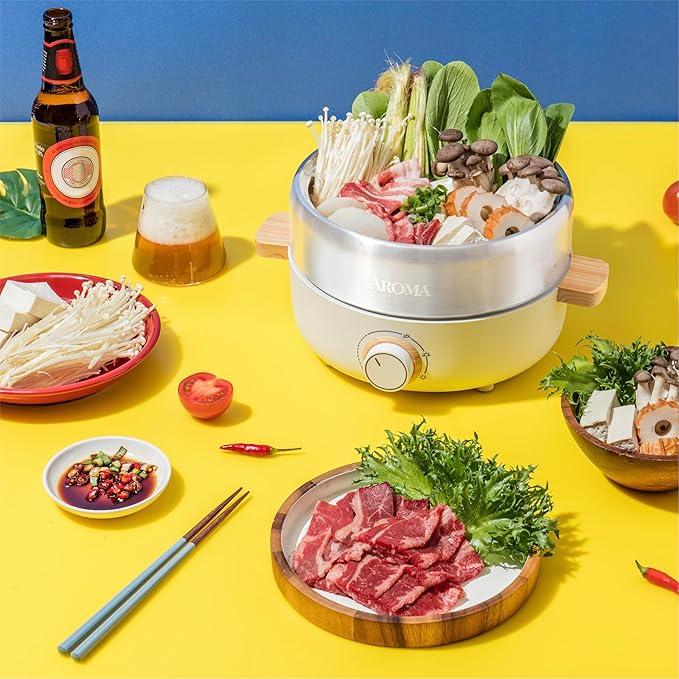 Aroma Housewares AMC-130 Whatever Pot, Indoor Grill, Cooking, Hot Pot with Glass Lid, Bamboo Handles, 2.5L, Stainless Steel/White