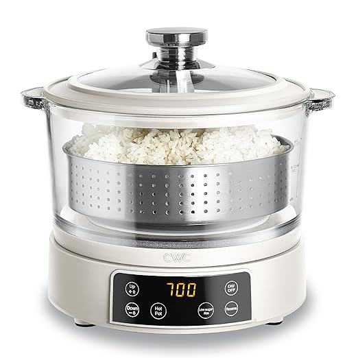 COOK WITH COLOR 3L Glass Mini Low Carb Rice Cooker – Holds 2 Cups Raw/Makes 6 Cups Cooked with Auto Lift Filter Basket, Hotpot & Steamer for Rice, Grains, Digital Panel with Keep Warm, Cream