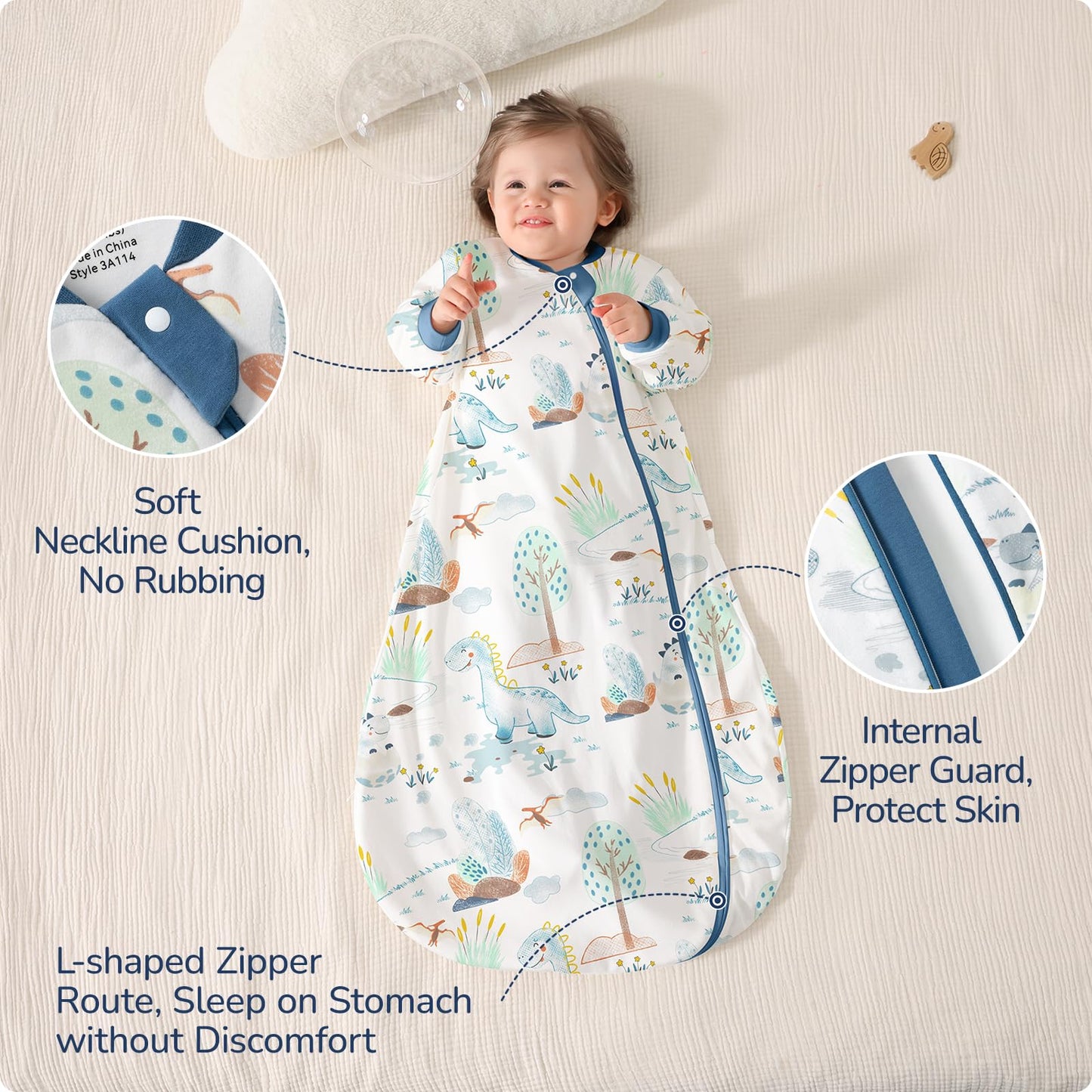 usbettas Baby Sleep Sack 6-12 Months, Cotton Long Sleeve Sleep Sack, 1.0 Tog Lightweight Transitional Swaddle with Temperature Strips, 2-Way Zipper Wearable Blankets for Toddler,Dinosaur
