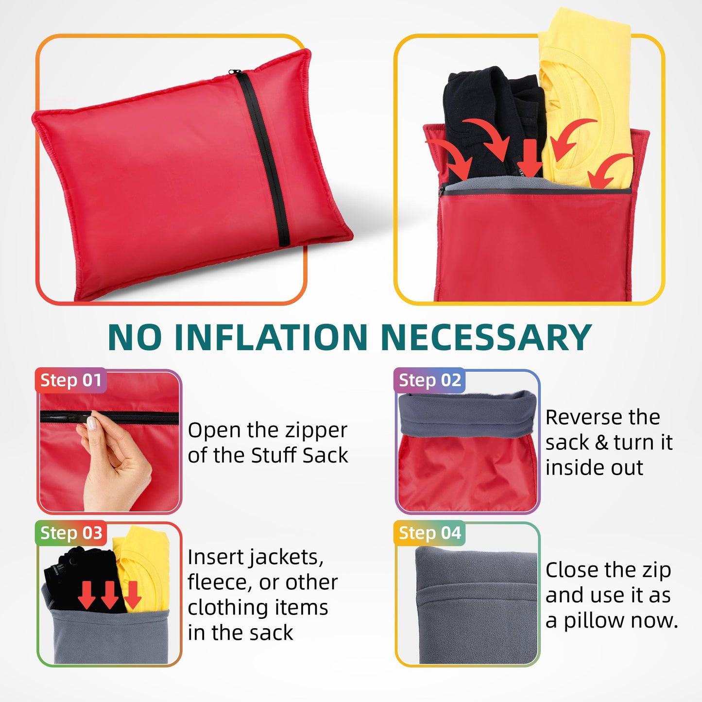 Elan Quest Stuffable Camping Pillow Sack (Large, Red) - 12 x 17 - Camping Essentials for Hiking, Backpacking and Travel Essentials - Sold Empty Bring Your Own Stuffing