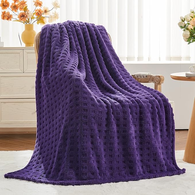 NEWCOSPLAY Super Soft Throw Blanket Purple Premium Silky Flannel Fleece 3D Waffle Checkered Lightweight Bed Blanket All Season Use (Dark Purple, Throw(50"x70"))