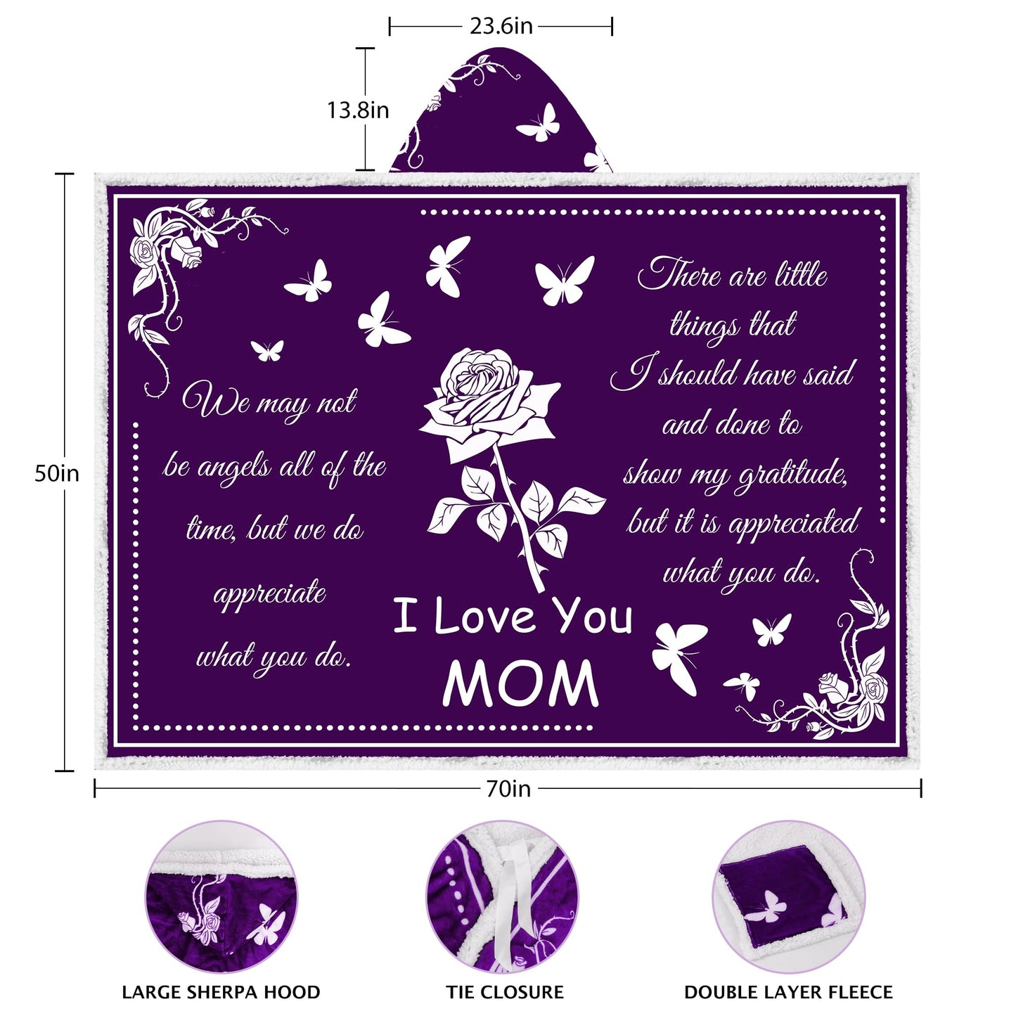 Mothers Day Gifts for Mom, Wearable Hoodie Blanket for-Mothers, Mom blanket Gifts from Daughter, Son, Husband, Sherpa Fleece Mother Blankets, Soft Birthday, Wife, Mama, purple