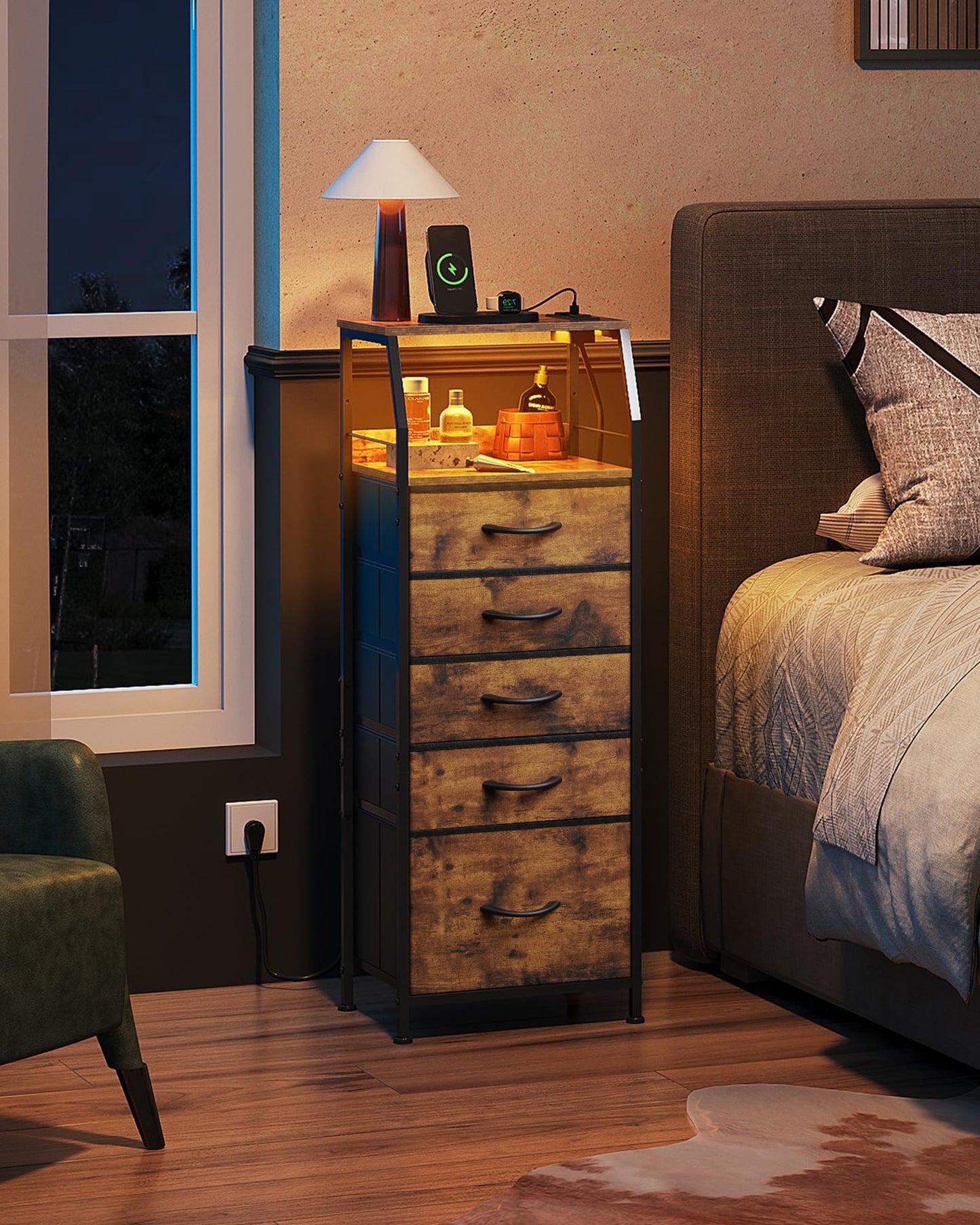 WLIVE LED Nightstand with Charging Station, Fabric Dresser with 5 Drawers for Bedroom, Tall Night Stand with Open Shelves, Bed Side Tables Living Room, Rustic Brown