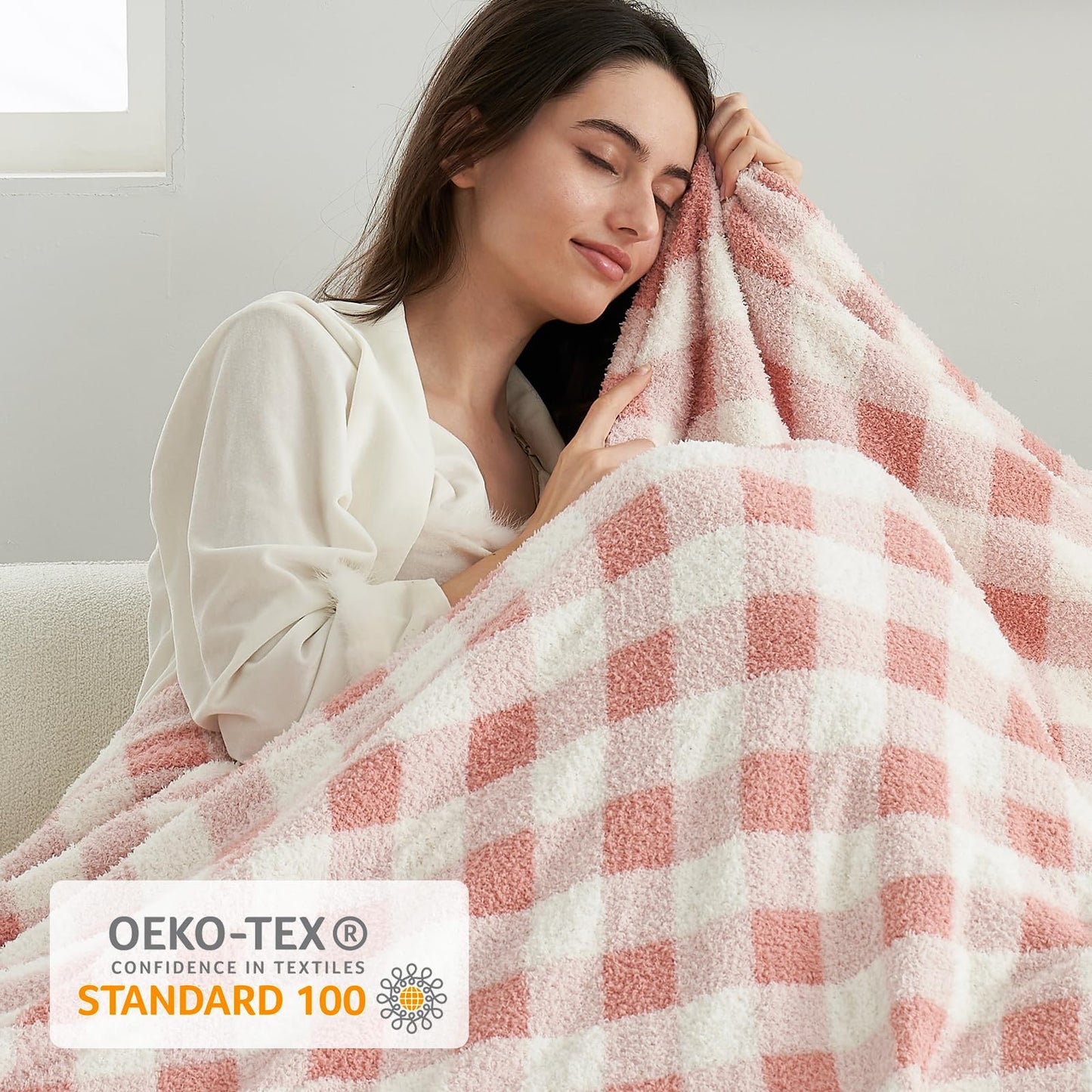Snuggle Sac Buffalo Plaid Throw Blanket for Couch, Super Soft, Cozy Warm Knit Decorative Blankets, Reversible Plaid Fluffy Throws for Sofa, Bed, Plaid Pink, 50x60 Inches
