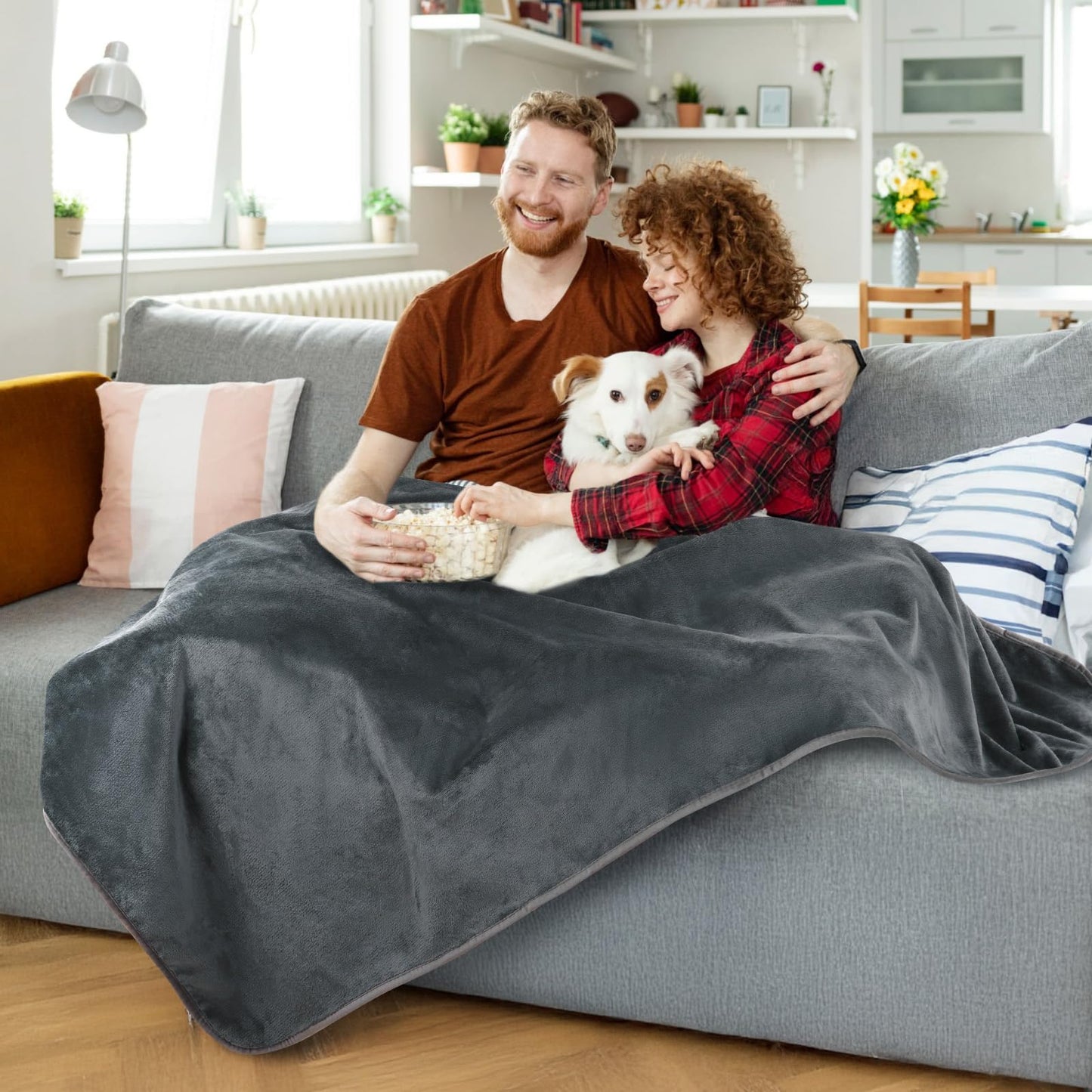 LOOBANI Waterproof Blanket for Bed: Reversible Soft Flannel Love Blanket 60" x 80", Bed Blanket for Couples Washable, Spill-Proof Dog Throw Blanket for Couch, Sofa Protect, Camping, Travel, Grey