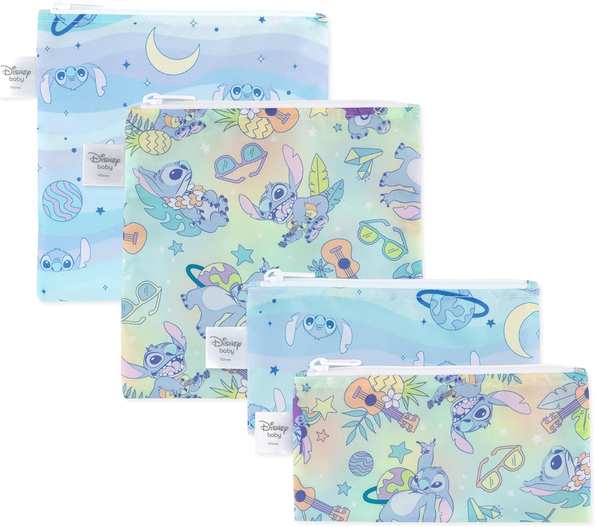 Bumkins Reusable Sandwich and Snack Bags, for Kids School Lunch and for Adults Portion, Washable Fabric, Waterproof Cloth Zip Bag, Travel Pouch, Food-Safe Storage, 4-pack Set Disney Stitch