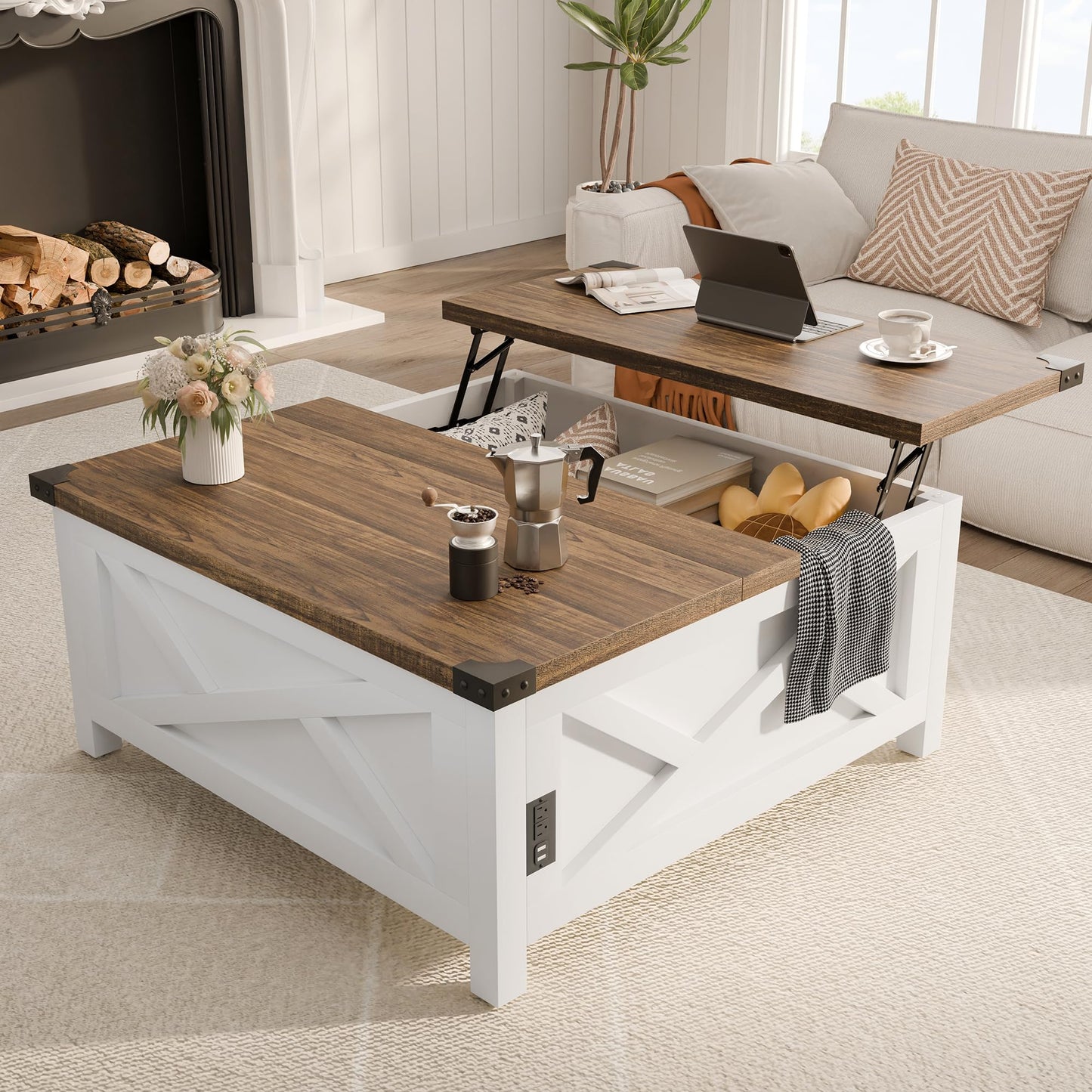 MU Lift Top Coffee Table, Square Coffee Table with Hidden Storage, Farmhouse Wood Table with Charging Station and Barn Door for Living Room, White