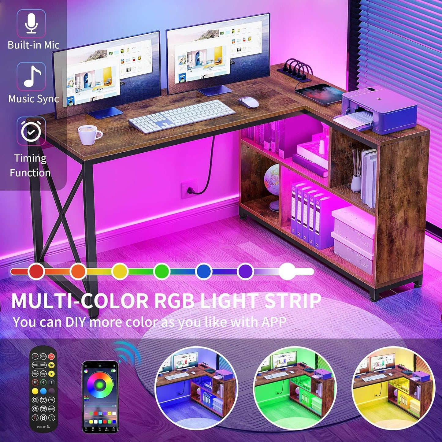 DWVO L Shaped Desk with Power Outlets, 55" Small Computer Desk with Storage Cabinet & LED Lights, Corner Desk Home Office Desk for Small Space, Rustic Brown