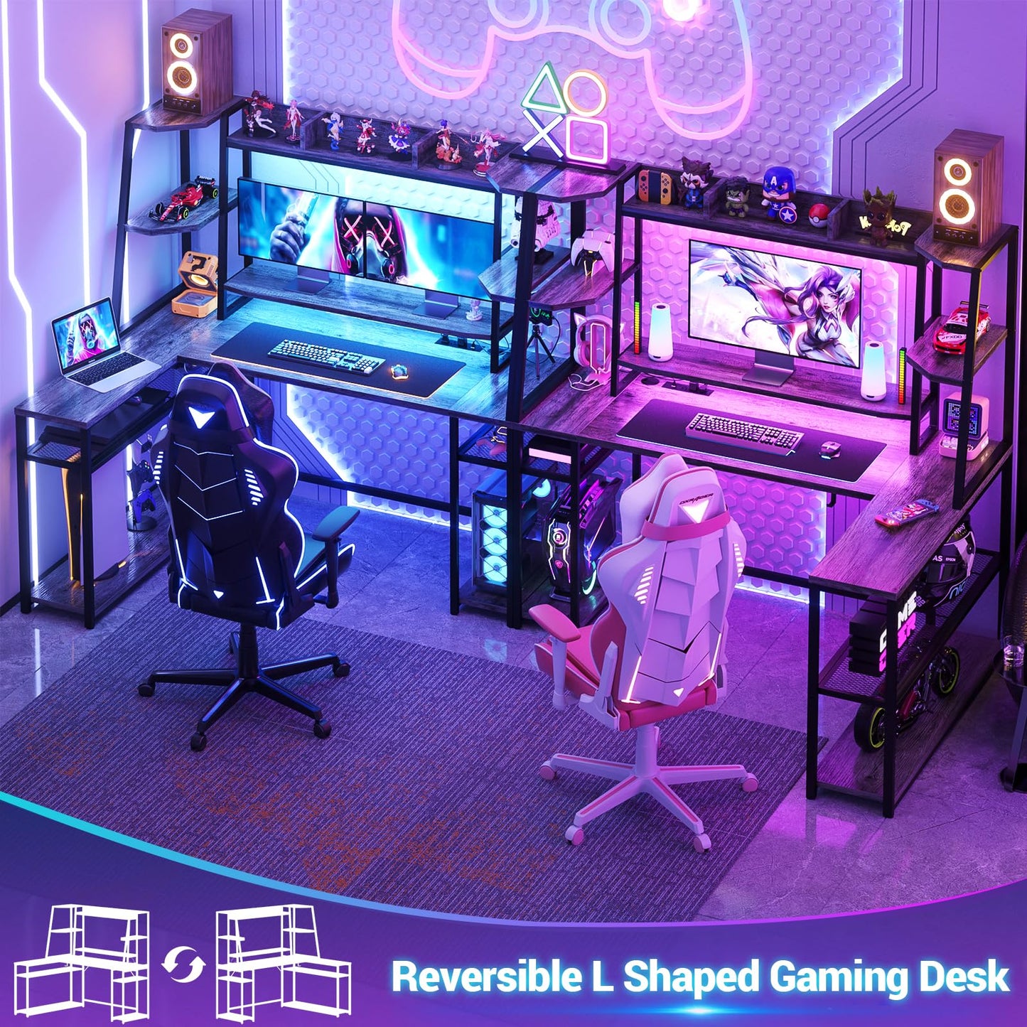 Cyclysio 63" L Shaped Desk, L Shaped Gaming Desk with Led Lights and Charging Station, Gaming Desk with Shelves Hutch and Monitor Stand, Grey Oak