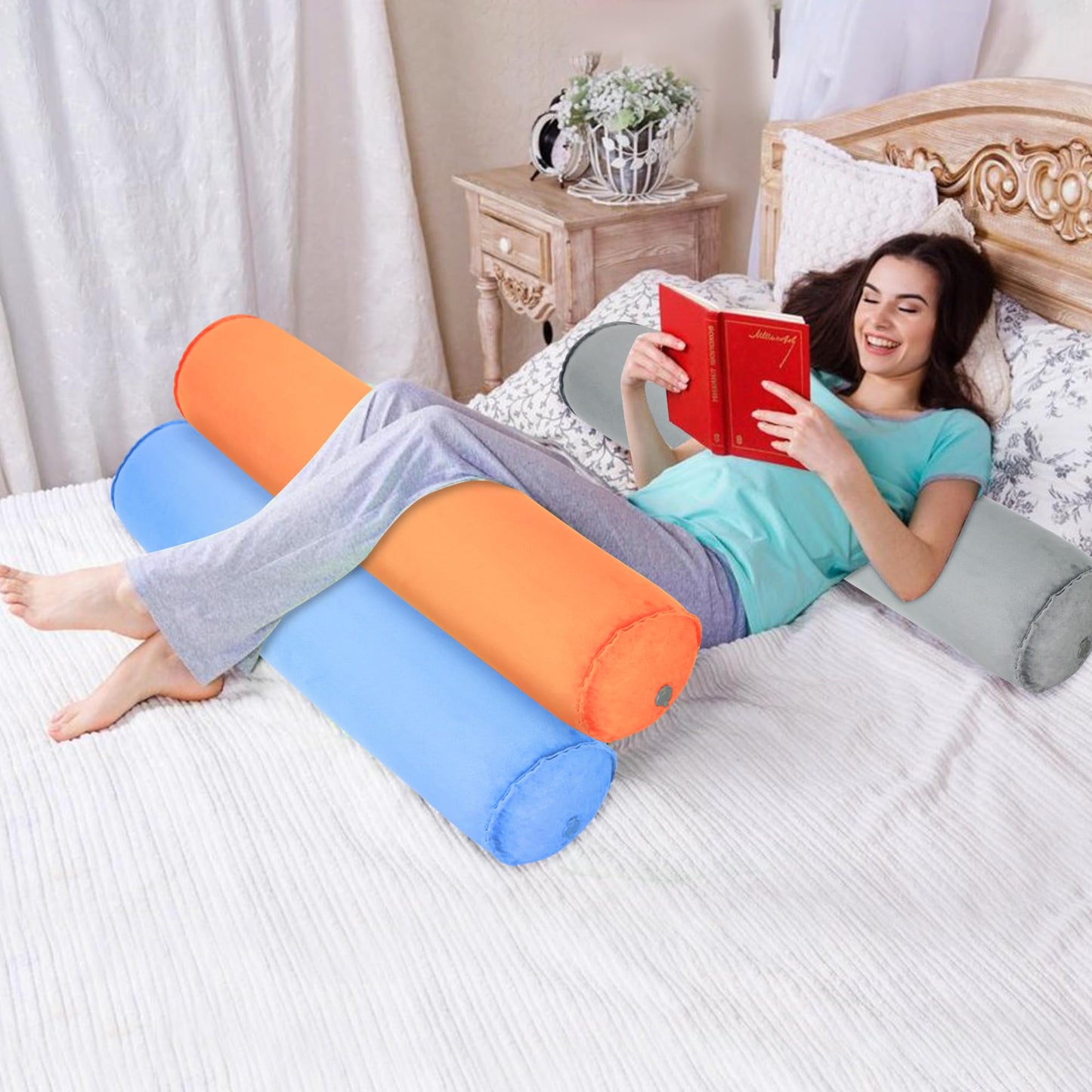 YEEKORO Inflatable Body Pillow for Adults Kids, 47 Inch Body Pillows for Side Sleeper, Travel Body Pillow for Bed, Bolster Pillow, Round Cervical Cylinder Pillow for Sleeping