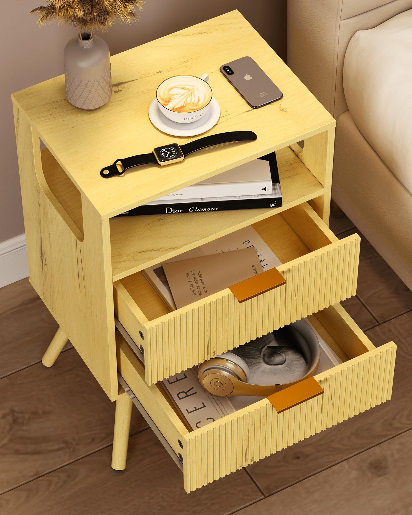 Leomonio Nightstand,Modern Bedside Table with 2 Storage Drawer and Open Wood Shelf, for Bedroom and Small Spaces,Night Stand with Solid Wood Legs, Yellow Oak