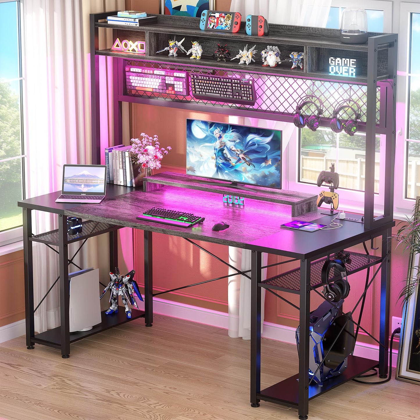 iSunirm 48 Gaming Desk with Hutch, Large Computer Desk with LED and Charging Station, Home Office Desk with Pegboard, Power Outlet, Storage and Monitor Stand, 48'' Gamer Desk PC Table, Grey