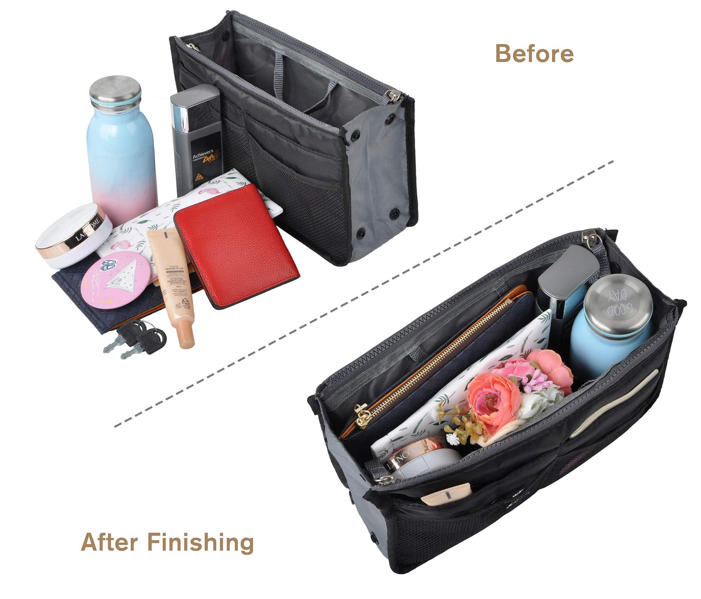 Vercord Purse Organizer Insert for Handbags Bag Organizers Inside Tote Pocketbook Women Nurse Nylon 13 Pockets Black Small