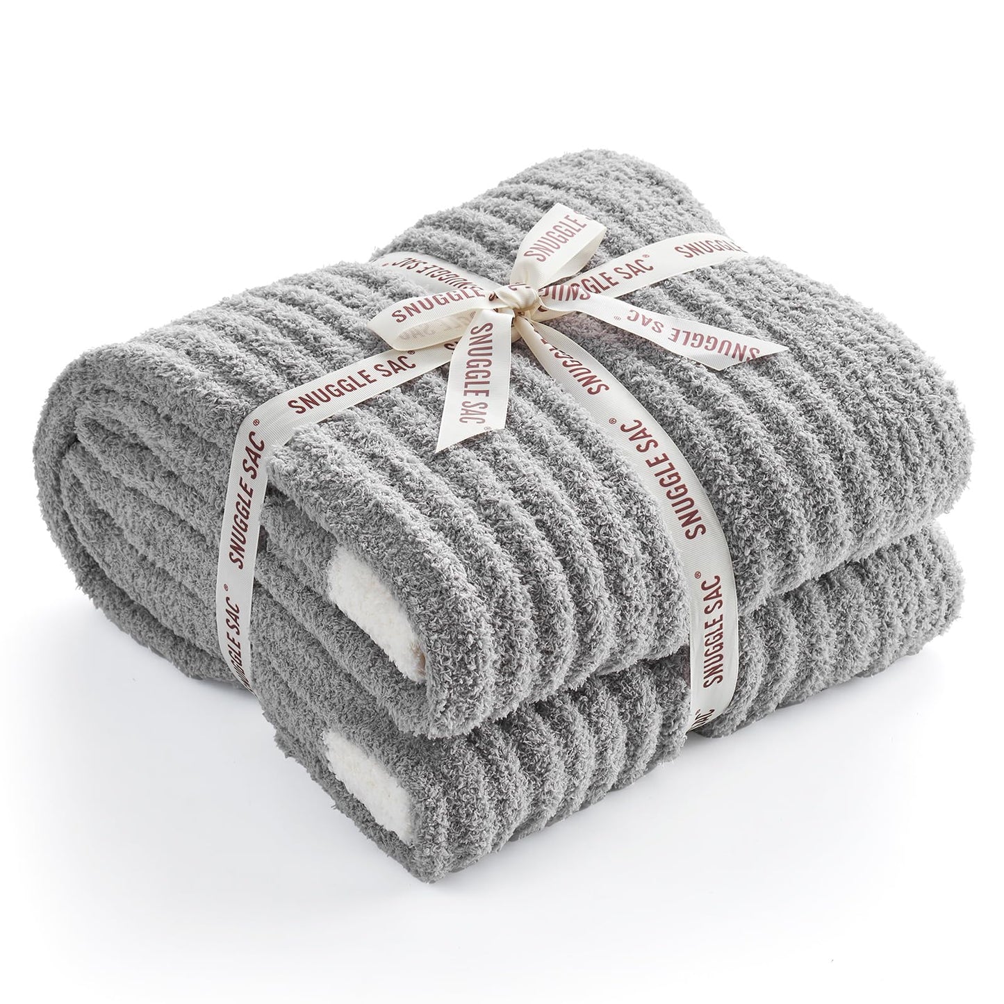 Snuggle Sac Soft Ribbed Throw Blanket for Couch, Microfiber Fluffy Knit Throws, Luxurious Fuzzy Blankets for Couch, Sofa, Travel, Grey, 50x60 inches