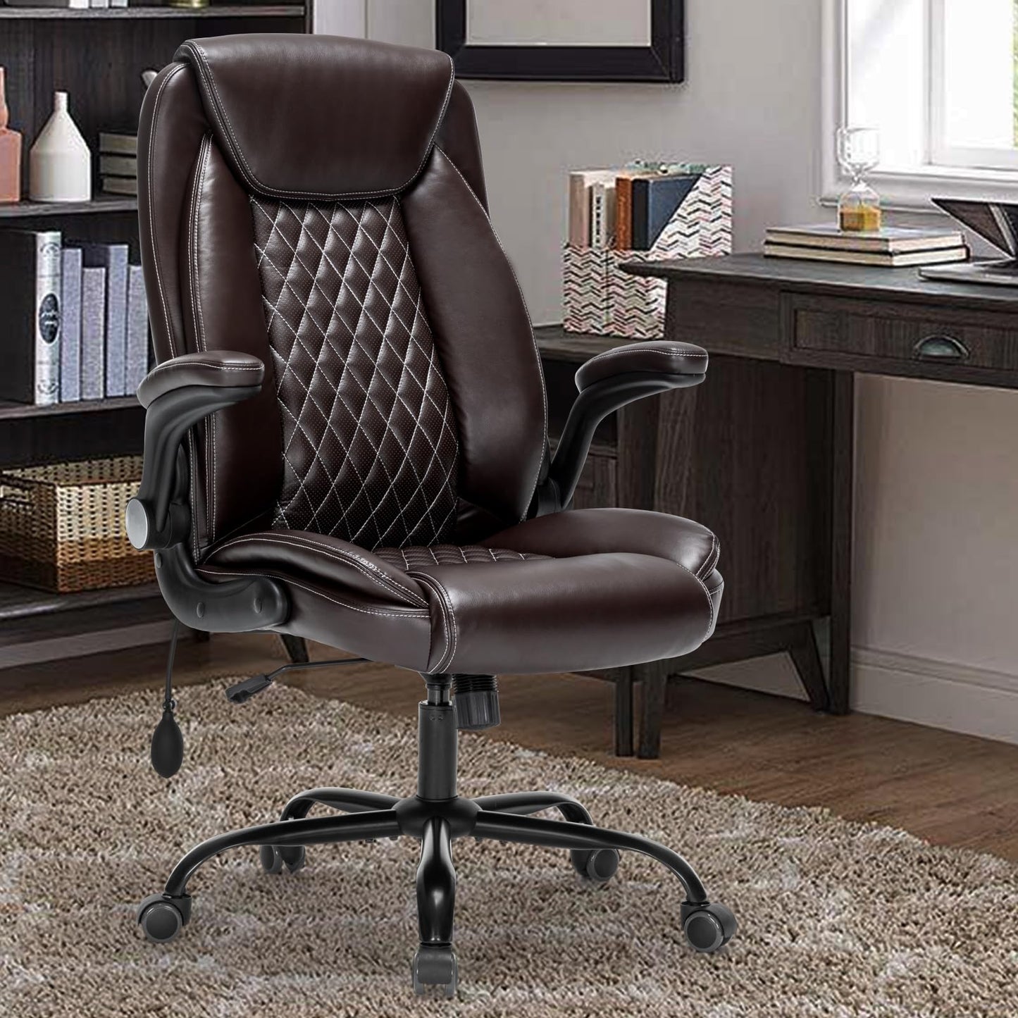 Office Chair, High Back Executive Desk Chairs, Ergonomic Home Computer Chair with Flip Up Armrests and Inflatable Lumbar Support, Leather Swivel Rolling Chair, Adjustable Height & Tilt (Brown)
