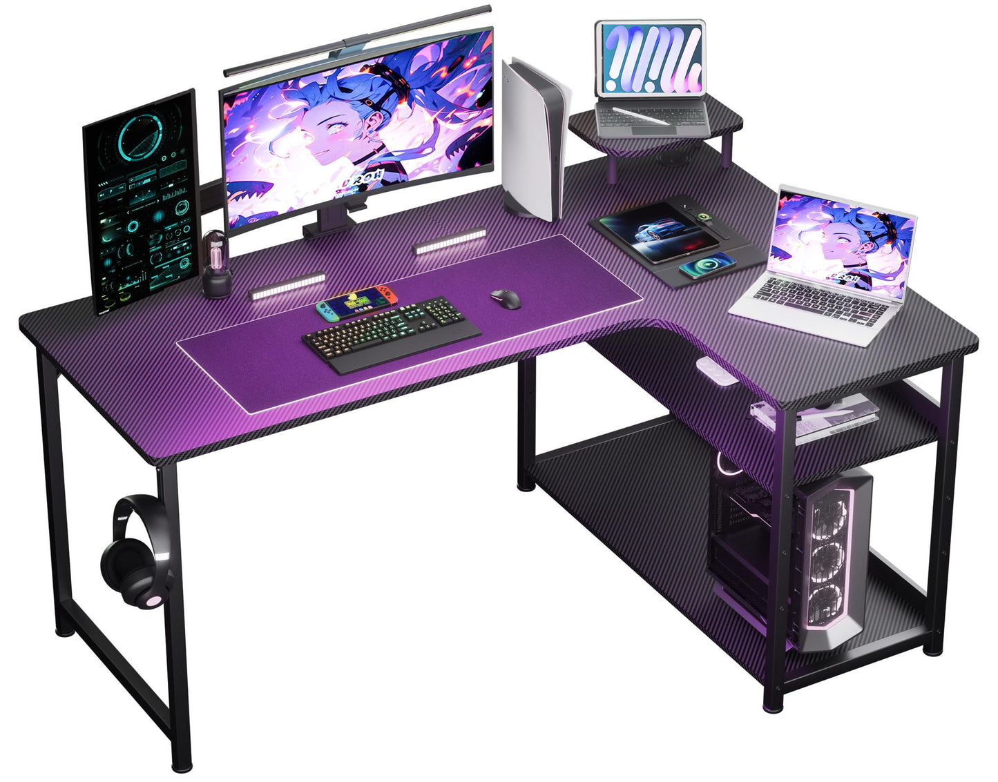 GTPLAYER L Shaped Gaming Desk, Carbon Fiber Style Computer Desk with Monitor Shelf and Hook, Black Small L Shape Desk with Adjustable Open Storage Shelf, Corner PC Table for Small Space Home Office