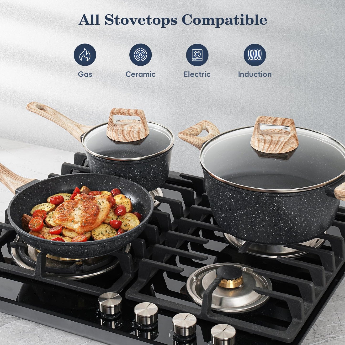 SODAY 12 Pcs Pots and Pans Set Non stick, Cookware Sets Black Granite Induction Cookware, Non-toxic Healthy Nonstick Kitchen Cooking Set with Frying Pans Set, Saucepans (PFAS/PFOA/PFOS Free)