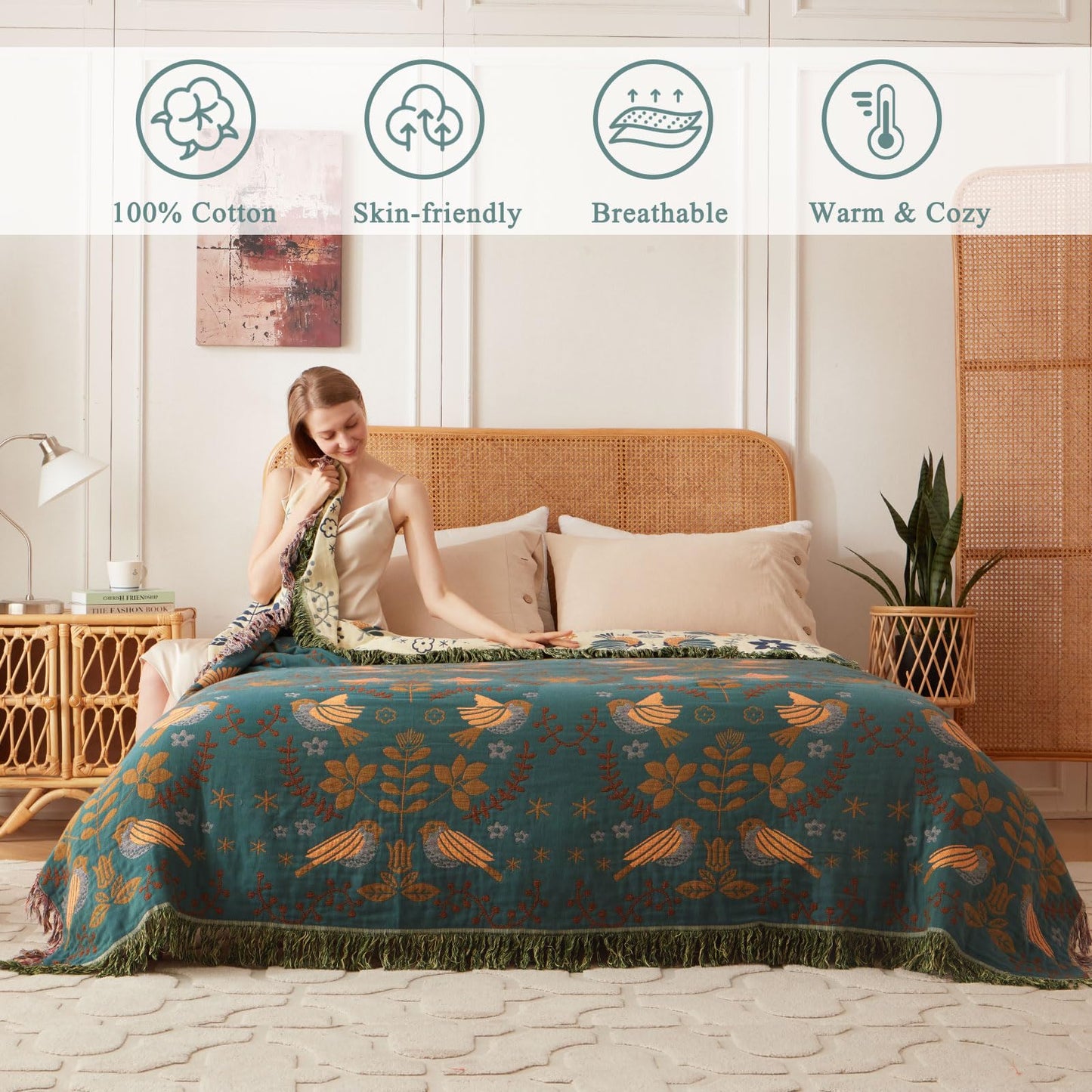 Boho Throw Blanket- 100% Cotton Muslin Blanket for Bed Couch, 60"x80" Reversible Breathable Summer Blanket Soft Lightweight Farmhouse Throw Blanket Rustic Quilt, All Season Floral Bird Decor Blankets
