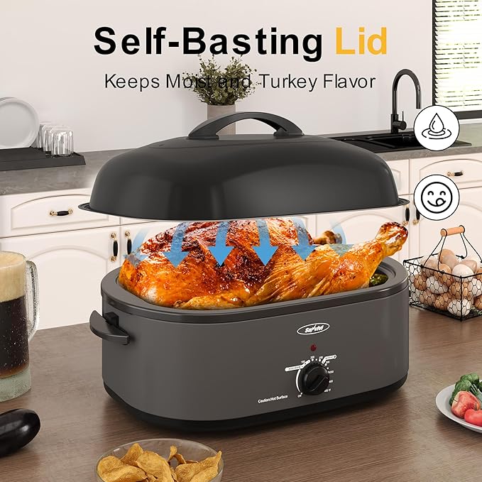 Sunvivi 22lb 18-Quart Electric Roaster Oven with Self-Basting Lid, Turkey Roaster with Unique Defrost/Warm Function, Large Oven with Removable Pan & Rack, Stainless Steel, Grey