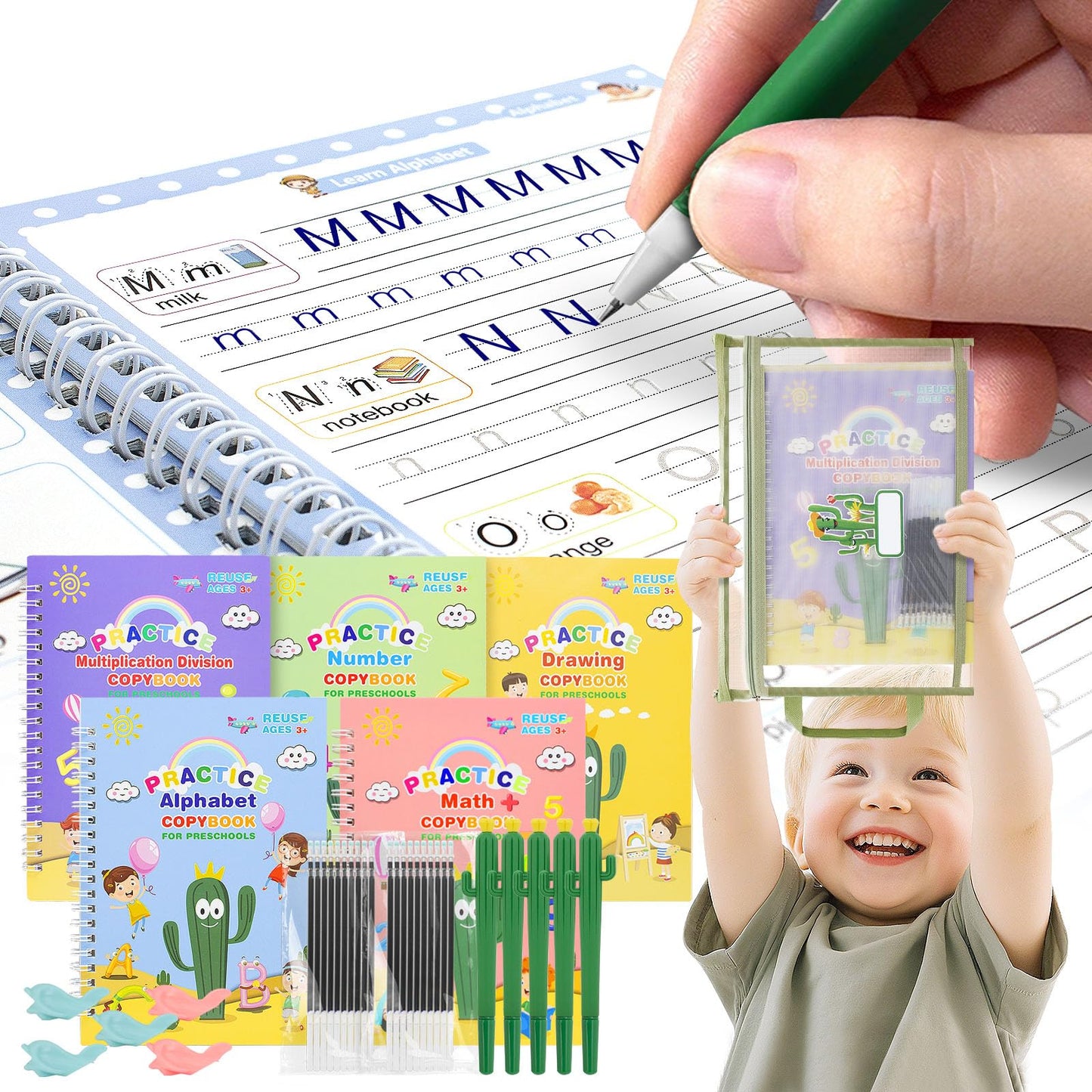 Upgraded Large Size Magic Practice Copybook for Kids, Reusable Grooved Handwriting Practice Book for Preschool Kids Age 3-8 Calligraphy with Catus Pens & Storage Bag (5PCS 7.3 * 10.3 inch)