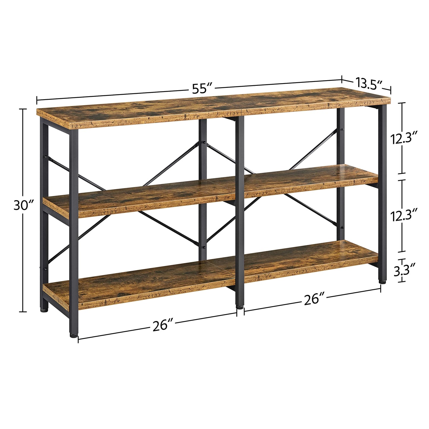 Yaheetech 55 Inch Console Table, Industrial Entryway Table with 3-Tier Storage Shelves, Sofa Tables Narrow Long for Living Room, Entryway, Hallway, Foyer, Metal Frame, Rustic Brown