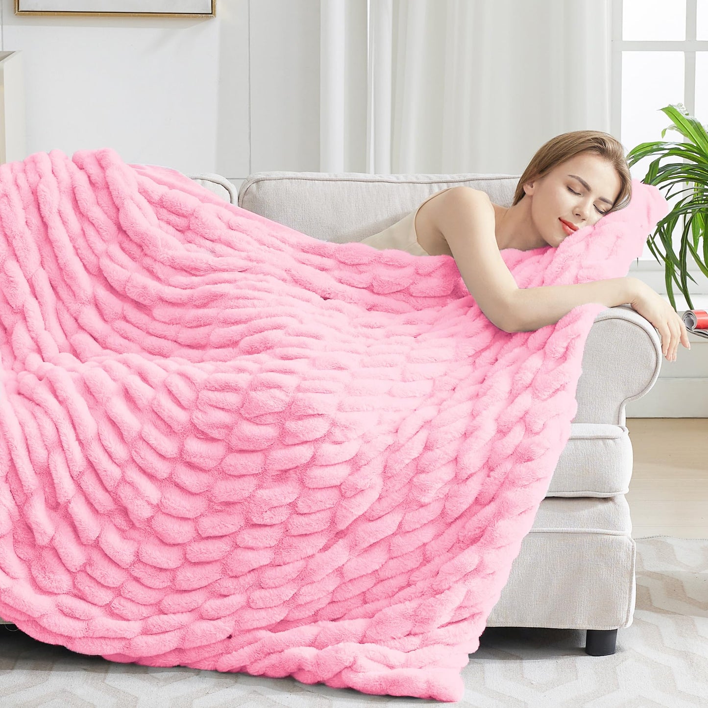 Tejoe Faux Rabbit Fur Throw Blanket - Ultra Soft & Fluffy Cozy Gift, Plush Fuzzy Luxury Blanket for Couch, Bed, Living Room Decor, 50x60, Blush Pink