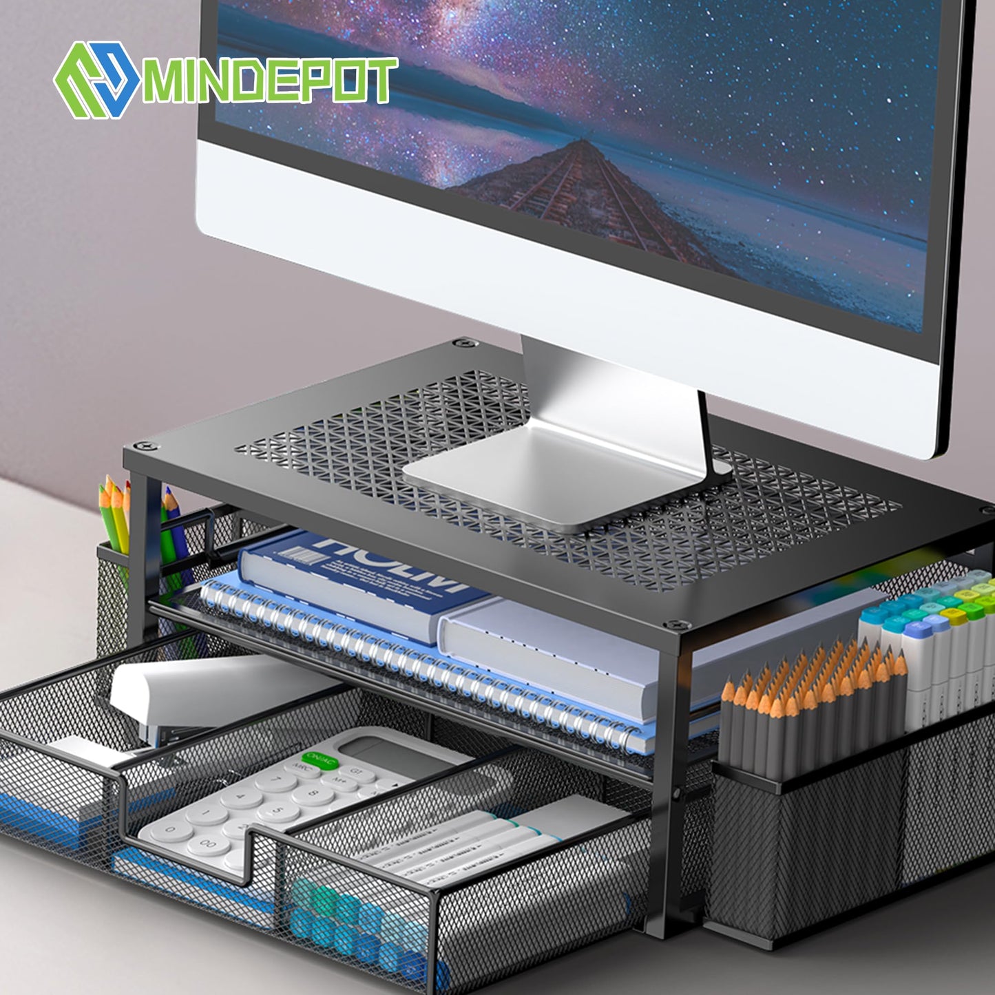 MINDEPOT 2 Tier Computer Monitor Stands with Drawer and 2 Pencil Holder, Metal Monitor Stand, Office Desk Accessories Workspace Desktop Organizers for Office Supplies, Black