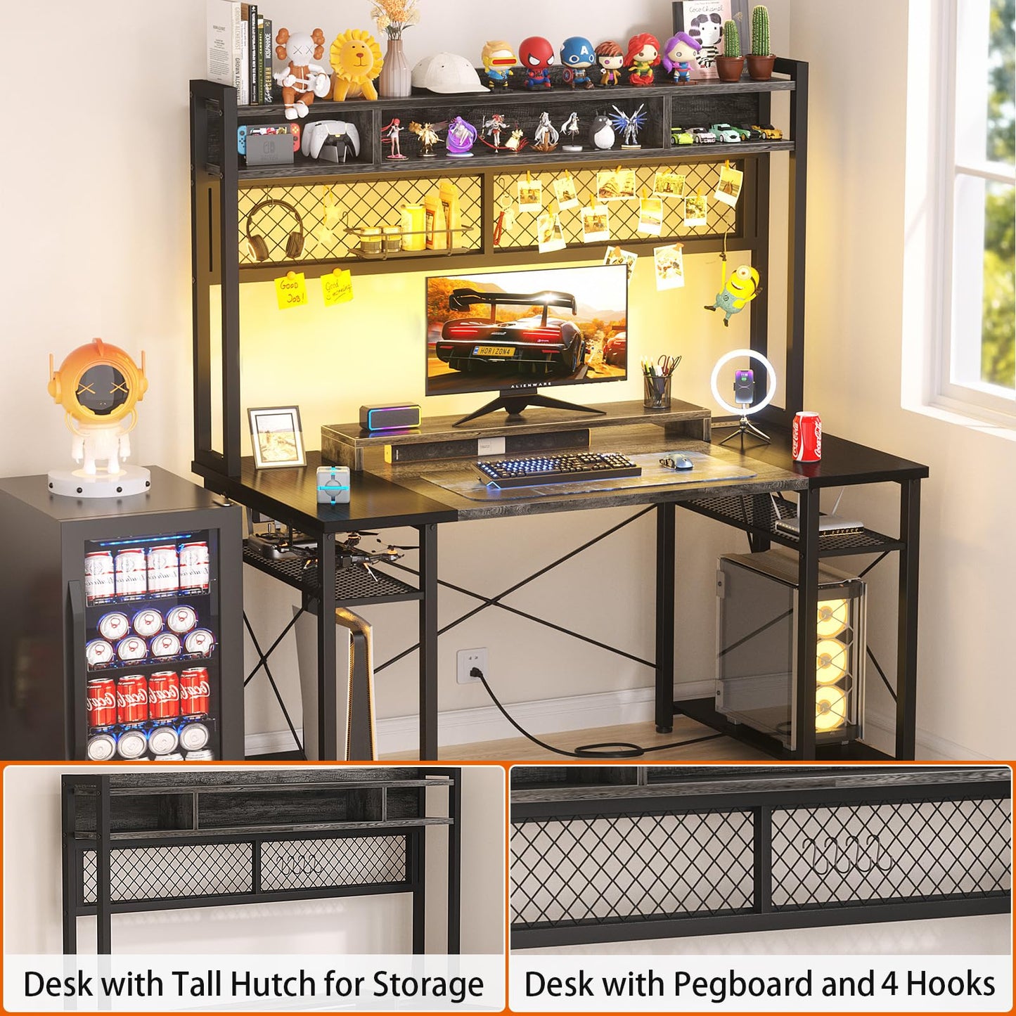 armocity 2024 Upgrade Gaming Desk with Hutch, 48'' Magic Computer Desk with LED and Outlets, Reversible Workstation Desk with Pegboard, Oak and Black