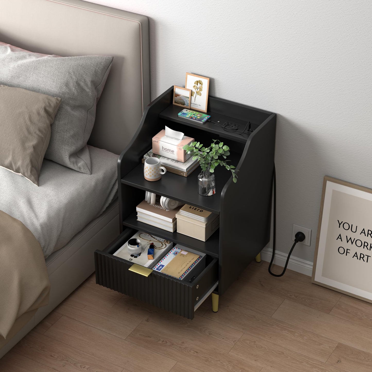 Fluted Nightstand with Charging Station, Modern Side Table with Storage, Wood Fluted End Table with1 Drawers, Bedside Table for Bedroom, Living Room (Black)