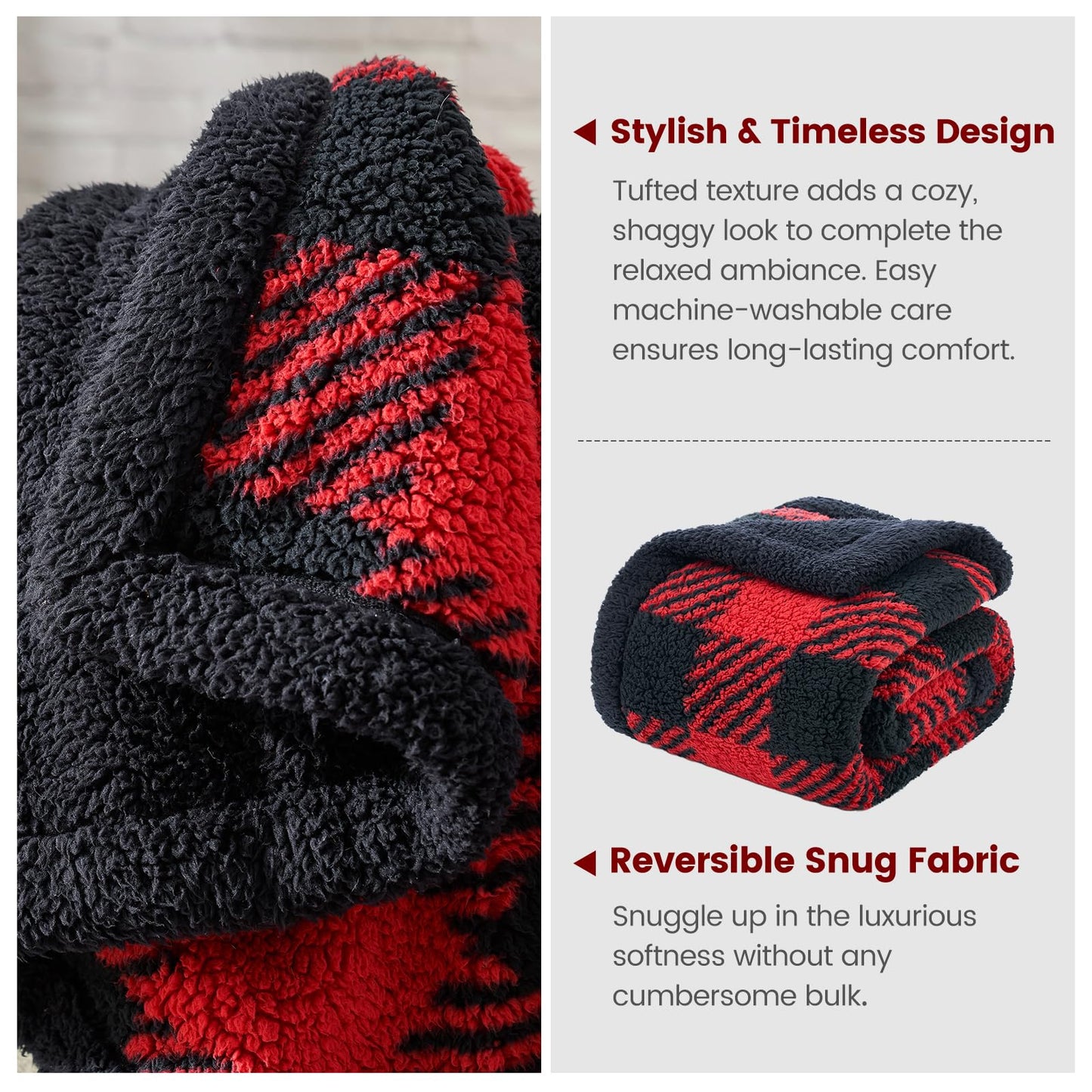 Cozy Bliss Ultra Soft Reversible Double Sherpa Sided Blanket, Buffalo Plaid Throw Blanket Fluffy Thick Warm Plush Fuzzy Blanket for Couch, Bed and Gifts (Red/Black Buffalo Check, 50" x 60")