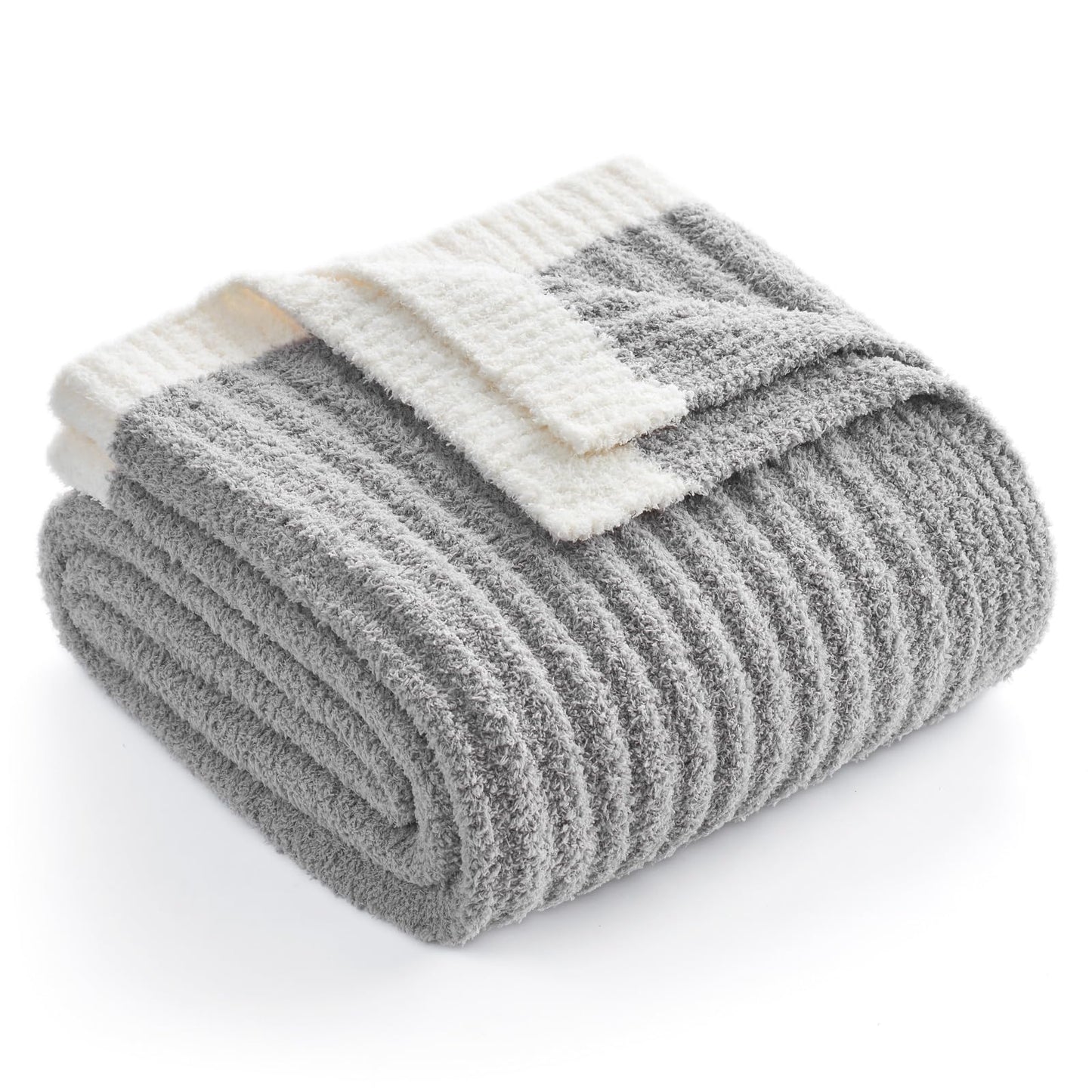 Snuggle Sac Soft Ribbed Throw Blanket for Couch, Microfiber Fluffy Knit Throws, Luxurious Fuzzy Blankets for Couch, Sofa, Travel, Grey, 50x60 inches