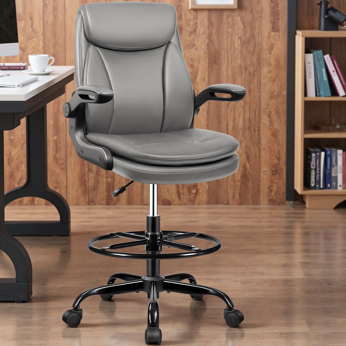 AtHope Drafting Chair Tall Office Chair Leather Executive Office Chair with Adjustable Foot Ring Flip Up Armrest - Comfy Ergonomic Desk Chairs with Lumbar Support for Office Home Studio - Grey