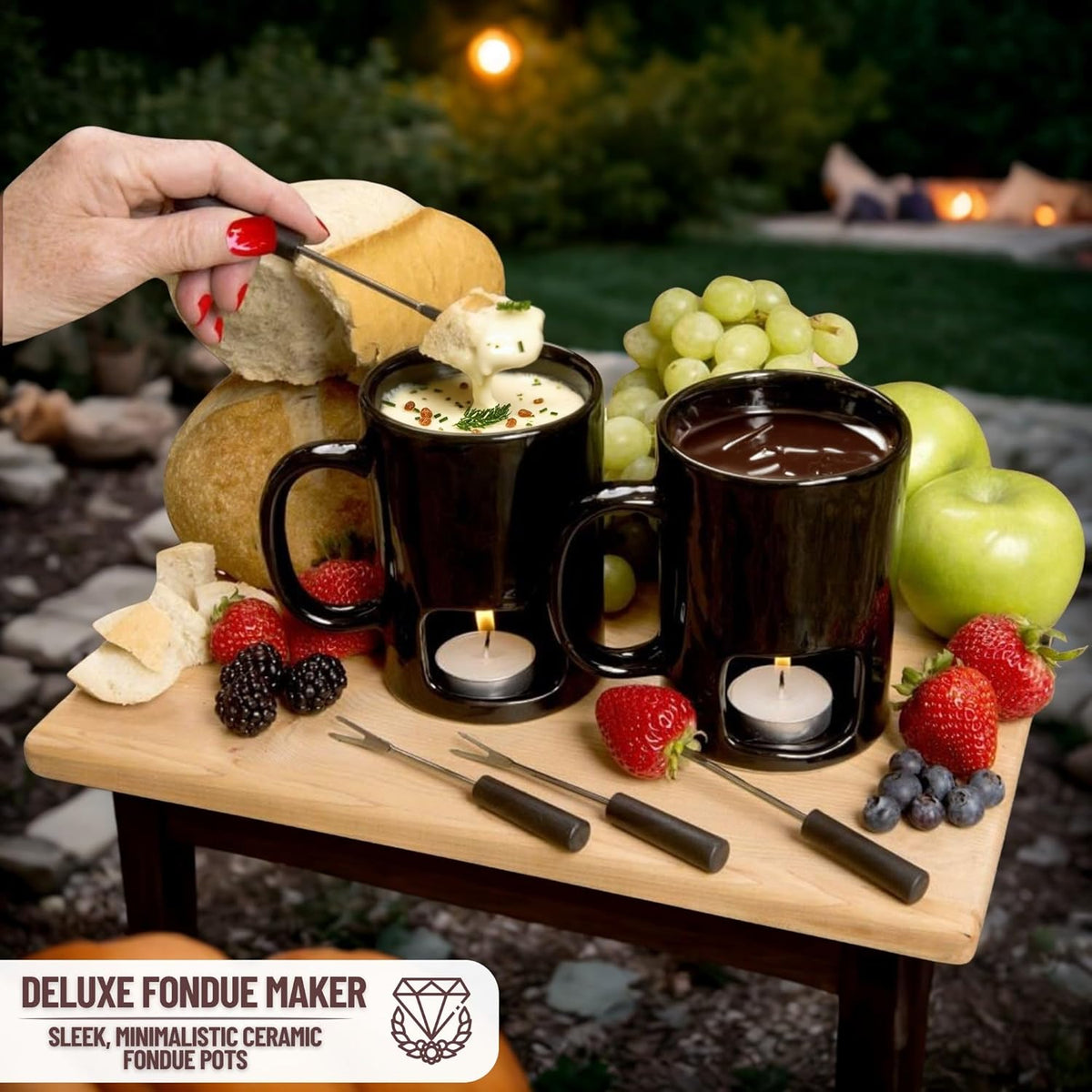 Evelots Fondue Pot Set for Chocolate, Cheese, Candy (2 Pack) Mini Ceramic Fondue Mugs Gift Set with 4 Forks & 8 Candles - Great for Date Night Birthday & Wedding Gifts