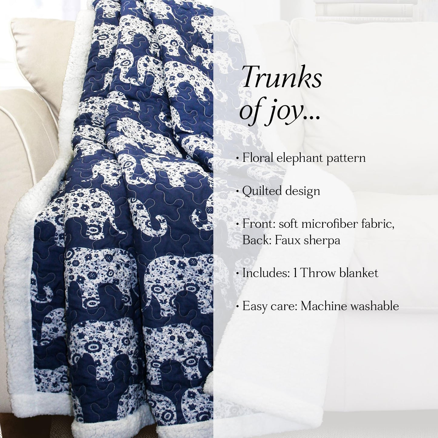 Lush Decor Navy Elephant Parade Throw Fuzzy Reversible Sherpa Blanket 60” x 50 White