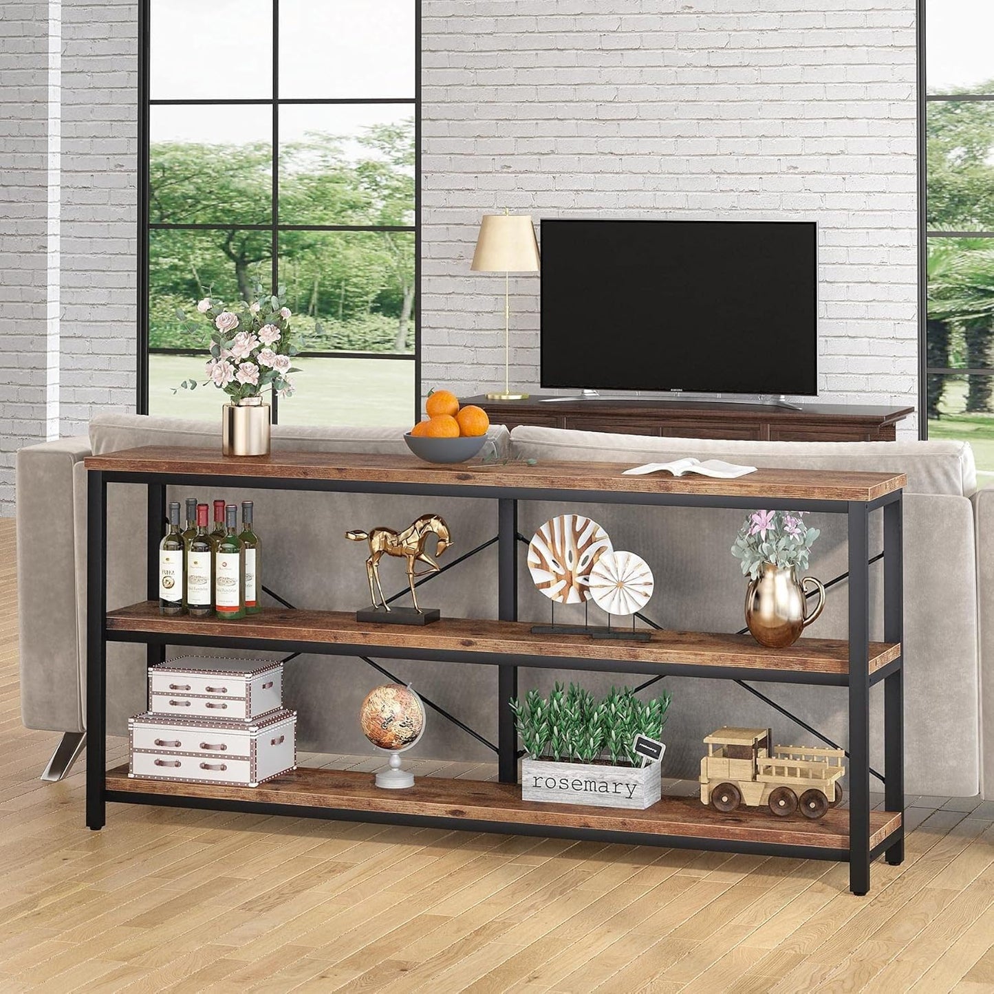Vagaconl 71inch Sofa Tables Extra Long Couch Table, Narrow Long Console Table, Entryway Table,Sofa Table with 3 Tiers Storage Shelves (Rustic Brown)