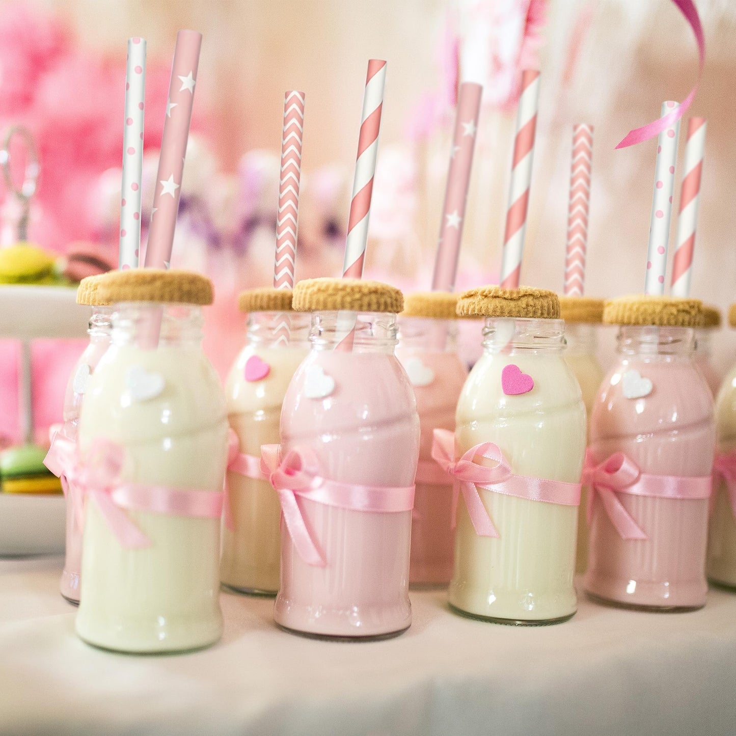 FsLvniu 200 Biodegradable Pink Paper Straws, Party Straws for Juice, Cocktail, Smoothies, Wedding, Birthday, Bridal/Baby Shower and Christmas Decorations Valentine's Day Holiday Celebrations