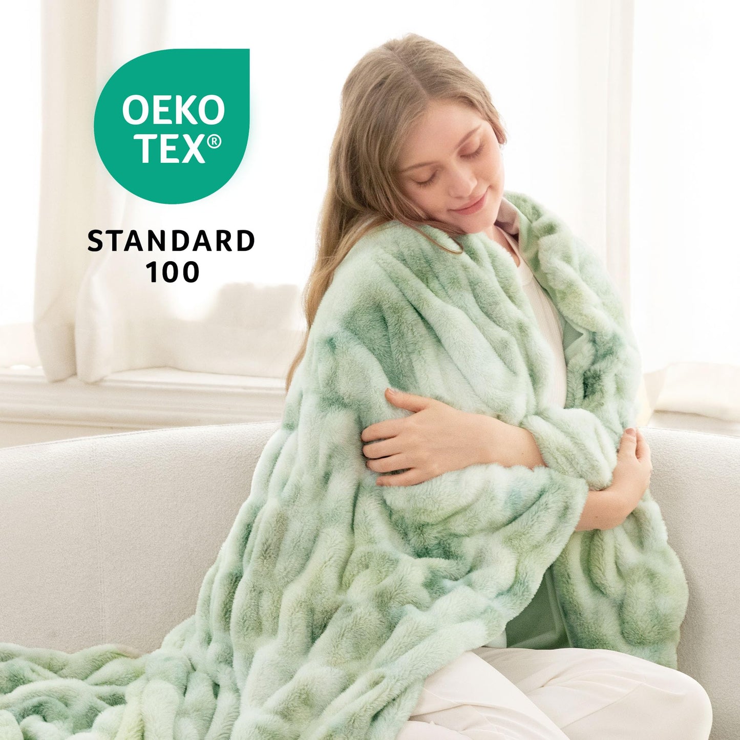 blunique Faux Fur Blanket, Twin Size Oversized Throw Blanket for Couch, Fluffy Blanket with Stretch Ruched Design, Ultra Soft Giftable Home Decor, 60x80 inches, Tie-Dyed in Sage Green