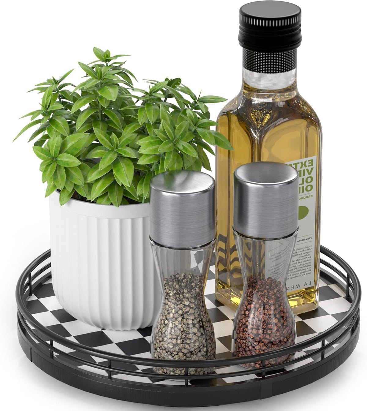 Black and White Kitchen Lazy Susan Turntable – Checkered Round Decorative Tray, 9" Table Top Oak Wood Lazy Susan for Cookies, Dining Table Organizer, Small Kitchen Table Centerpiece