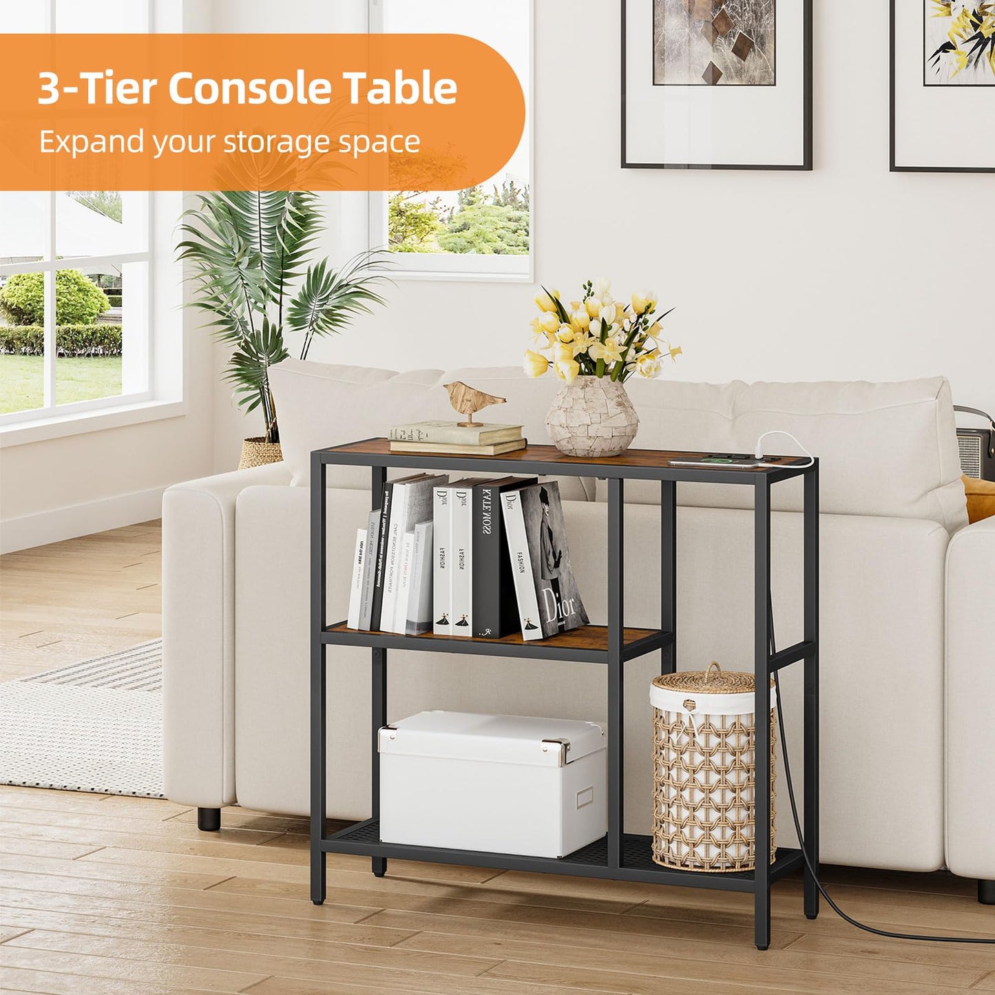 Snughome Console Table with Power Outlets, Entryway Table with Storage, 31.5" L x 9.8" W x 29.5" H Narrow Sofa Table with 3 Tier Shelves, Couch Table with USB Ports, for Hallway Living Room, Entrance