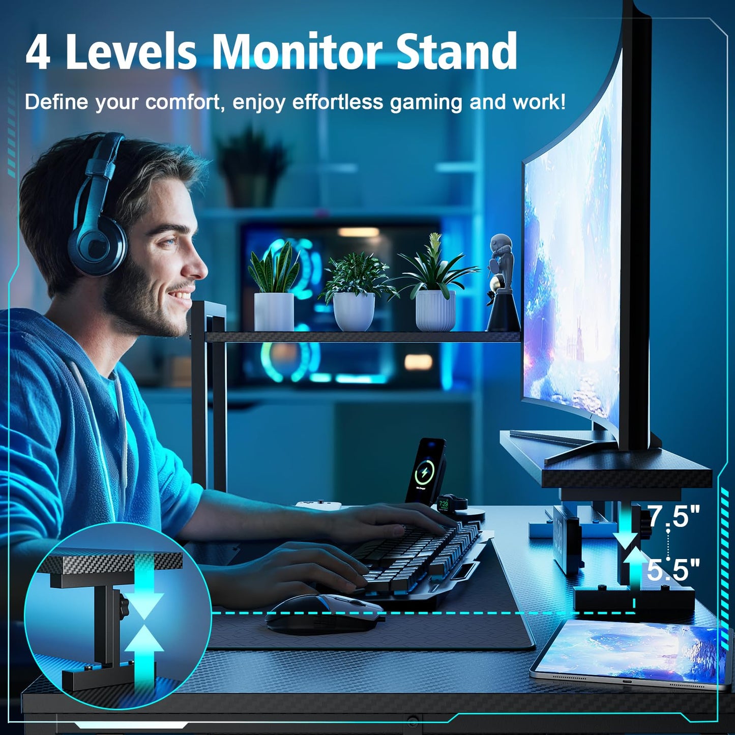 DOMICON 47 Inch Gaming Desk with LED Light, Computer Desk with Reversible Storage Shelves and Power Outlets for Home Office, Black