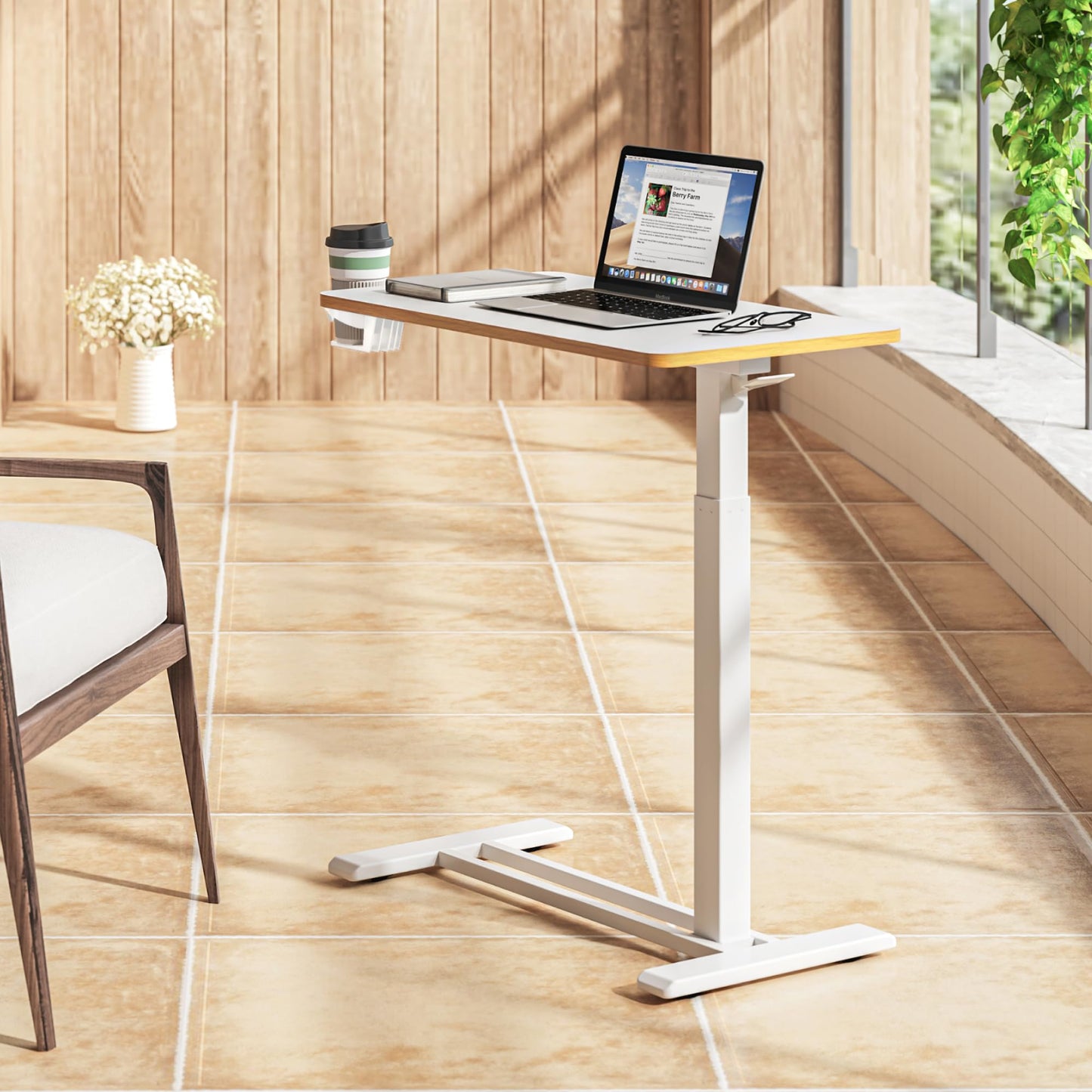 SANODESK Medical Adjustable Overbed Bedside Table with Hidden Casters, Pneumatic Mobile Laptop Computer Standing Desk Cart with Tray, Hospital and Home Use(27.6" W x 15.7" D, White)