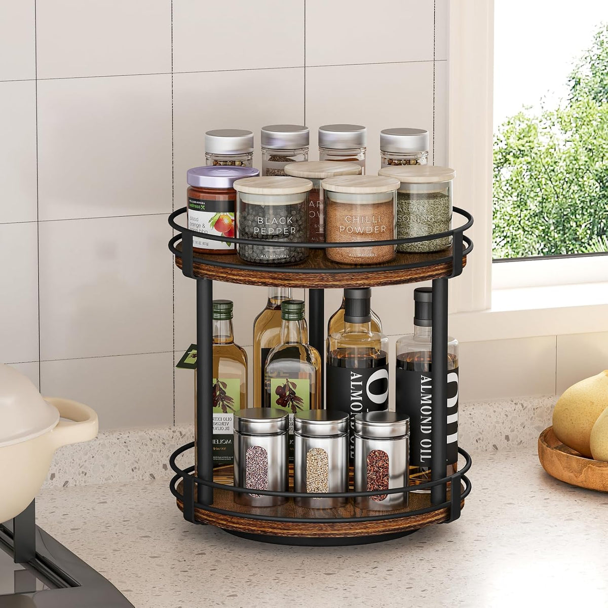 Snughome Rotating Spice Rack, 2 Tier Lazy Susan Organizer, Wood Kitchen Countertop Organizer, Brown Lazy Susan Turntable for Cabinet, 10.2" x 10.2" x 10.4"