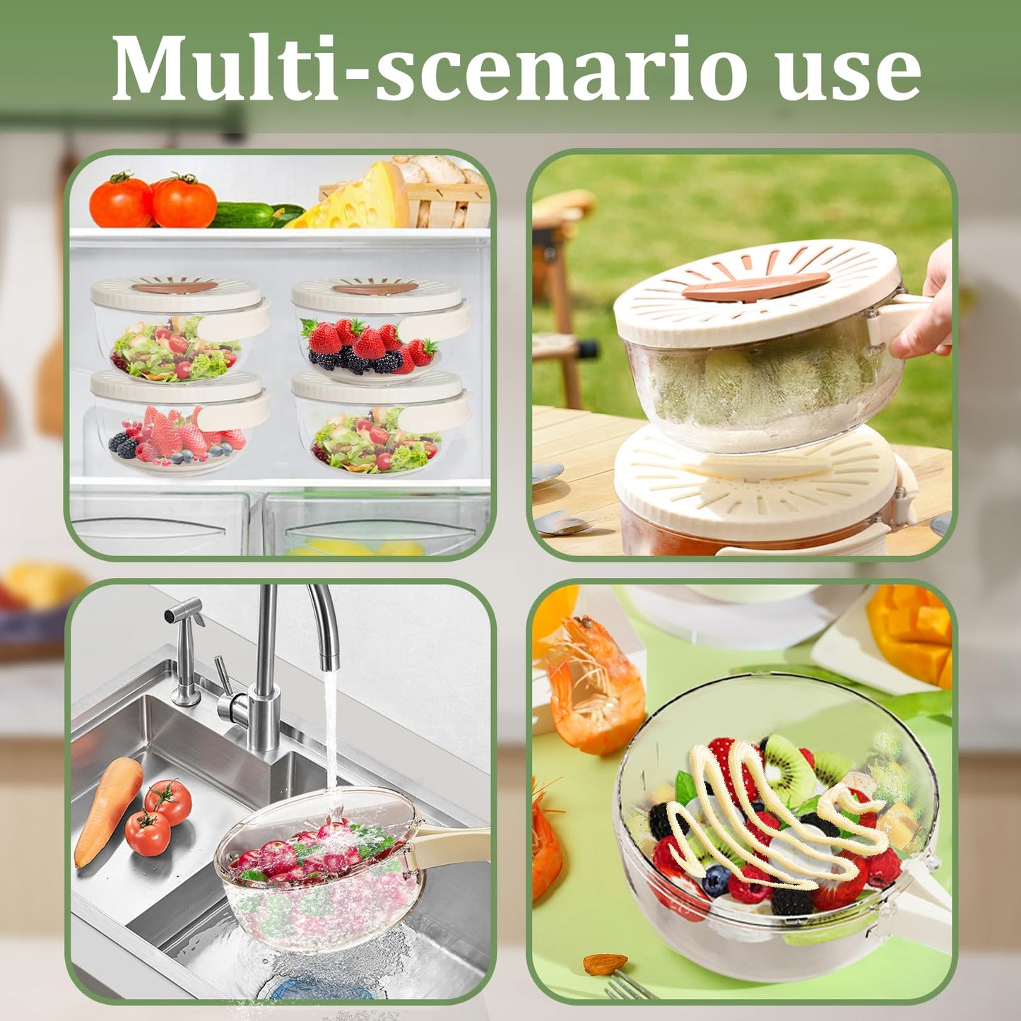 2 Pcs MultiPurpose Fruit Strainer Drain Basket with Lid & Collapsible Handle,2 in 1 Draining and Preservation Basket, Fruit Cleaner Bowl for Fridge Freshness and Outdoor Picnics(Brown)