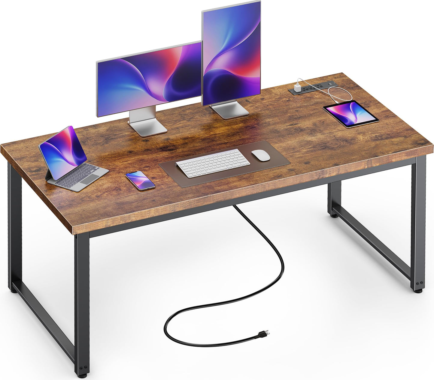 Huuger 55 x 24 inch Desk with Power Outlets & USB-C, Deeper & Thicker Desktop, Robust Metal Tubes, Computer Desk, Heavy Duty Office Desk, Work Gaming Desk for Home Office, Rustic Brown